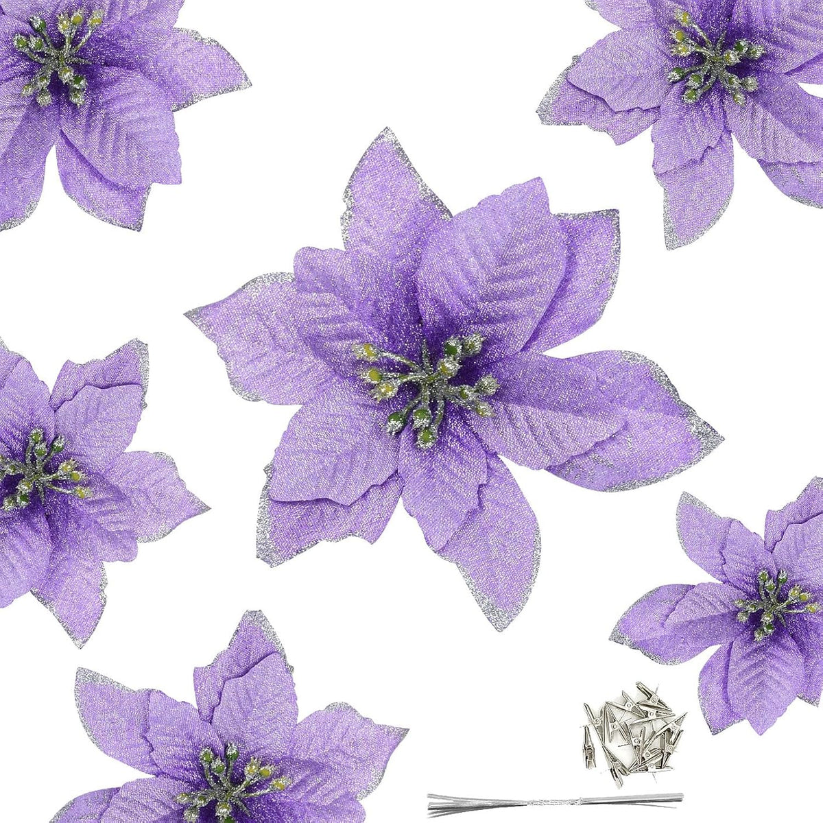 12Pcs 5 Inch Glitter Artificial Poinsettia Flowers With Ties For Wedding Christmas Festival Holiday Decor Xmas Wreath Garland Ornament Purple
