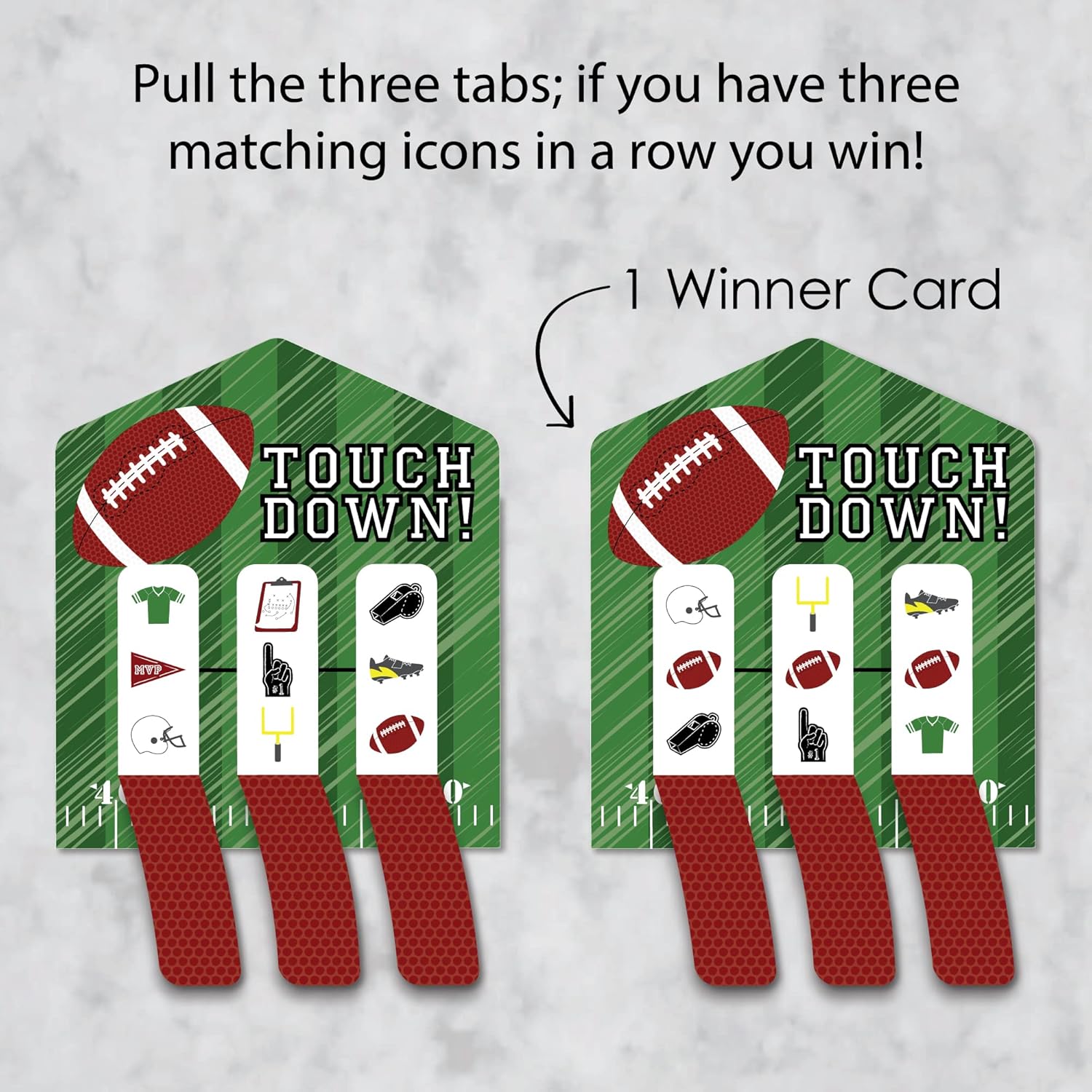 Big Dot of Happiness End Zone - Football - Baby Shower or Birthday Party Game Pickle Cards - Pull Tabs 3-in-a-Row - Set of 12