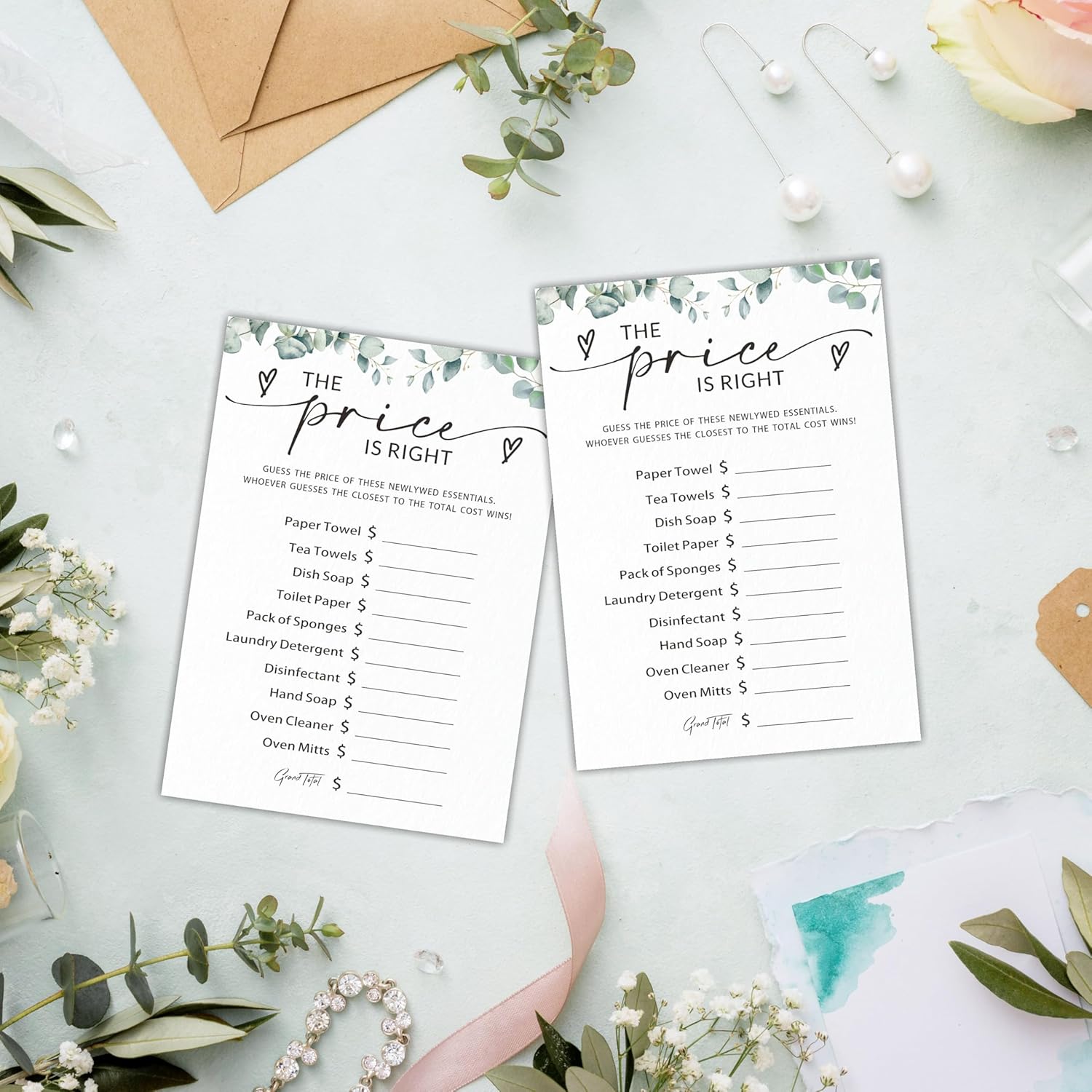 The Price Is Right Bridal Shower Game - Greenery Eucalyptus - 30 Pcs Double-Sided Fill-In Wedding Game Cards For Newlyweds, Engagement Party Activities & Decorations -B09