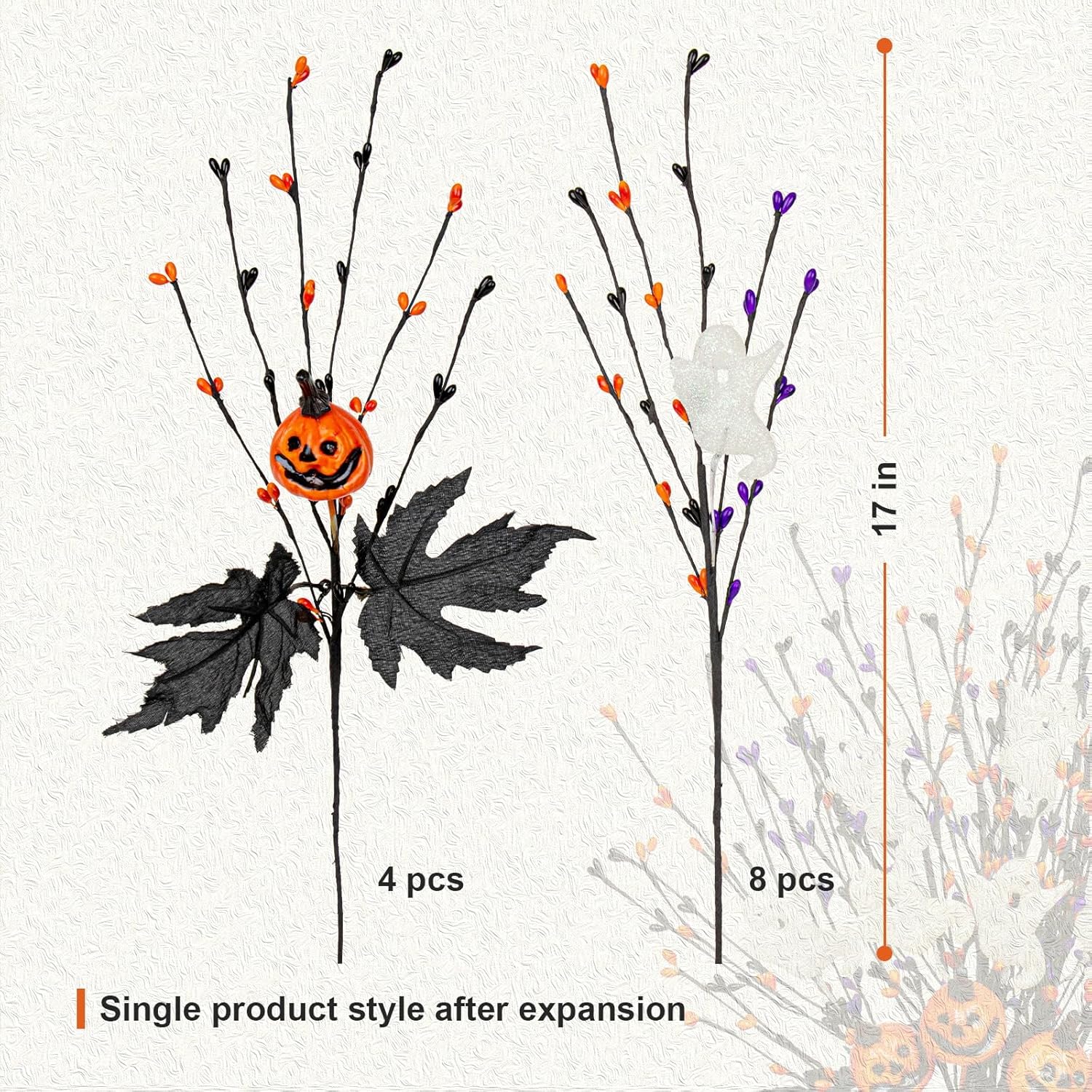 12 Pcs Spooky Halloween Flowers Artificial 17 Inches Orange Black Floral Stems Gothic Halloween Pumpkin Stems With Ghost Floral Picks For Vase Floral Arrangements Table Centerpieces Decorations