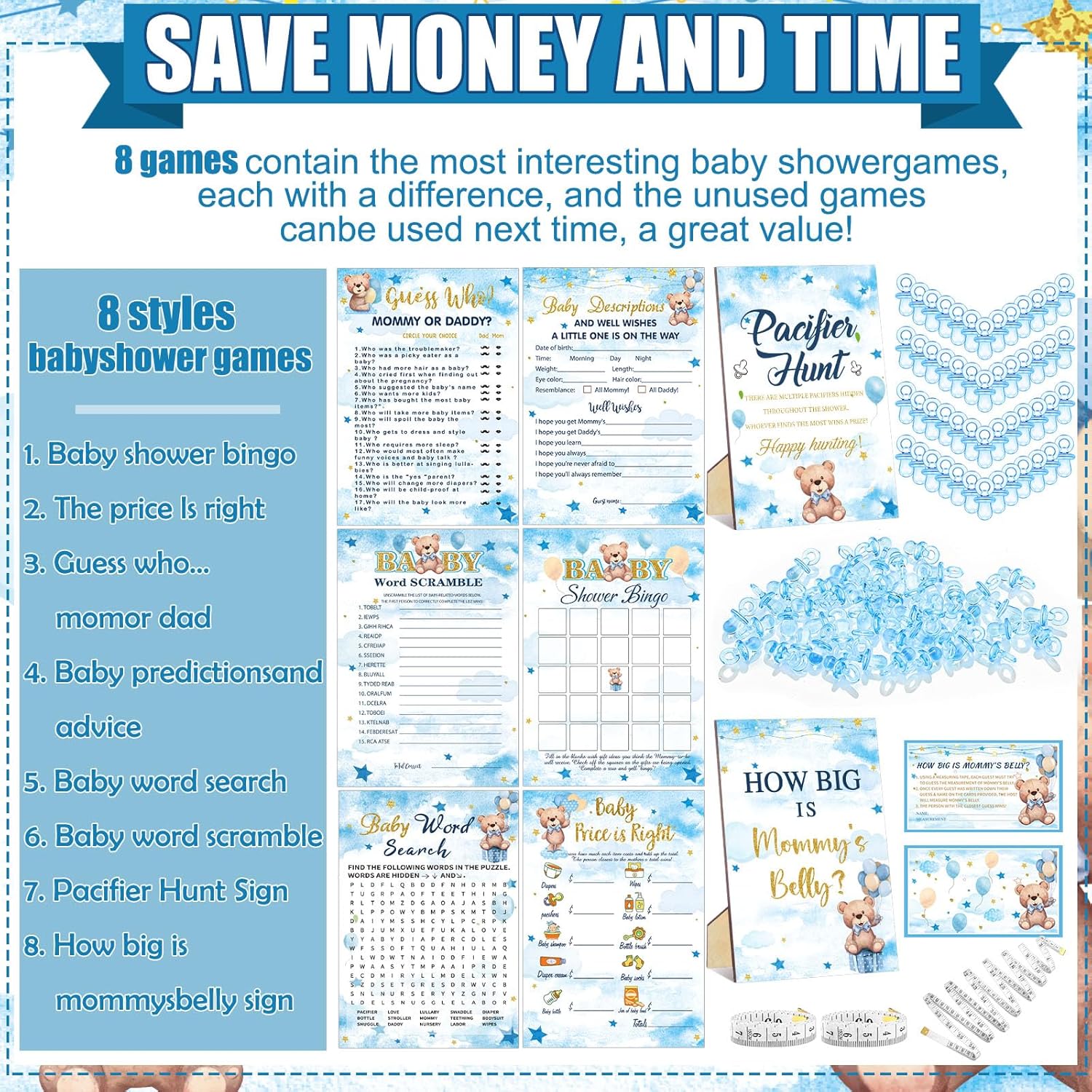 424 Pcs Blue Bear Baby Shower Games Supplies, 6 Sets 300 Activities Cards 1 Pacifier Hunt Sign 50 Acrylic Pacifiers 1 How Big Is Mommy'S Belly Sign 50 Guessing Card 2 Tapes 20 Pencils