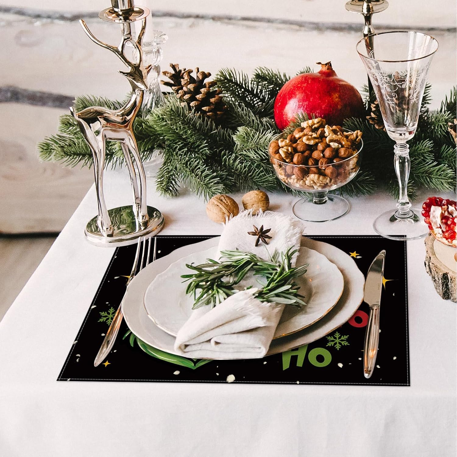 Christmas Placemats Set Of 4,Winter Merry Xmas Ho Ho Ho Heat-Resistant Place Mats,Merry Xmas Holiday Table Decors For Farmhouse Kitchen Dining Party 12X18 Inch