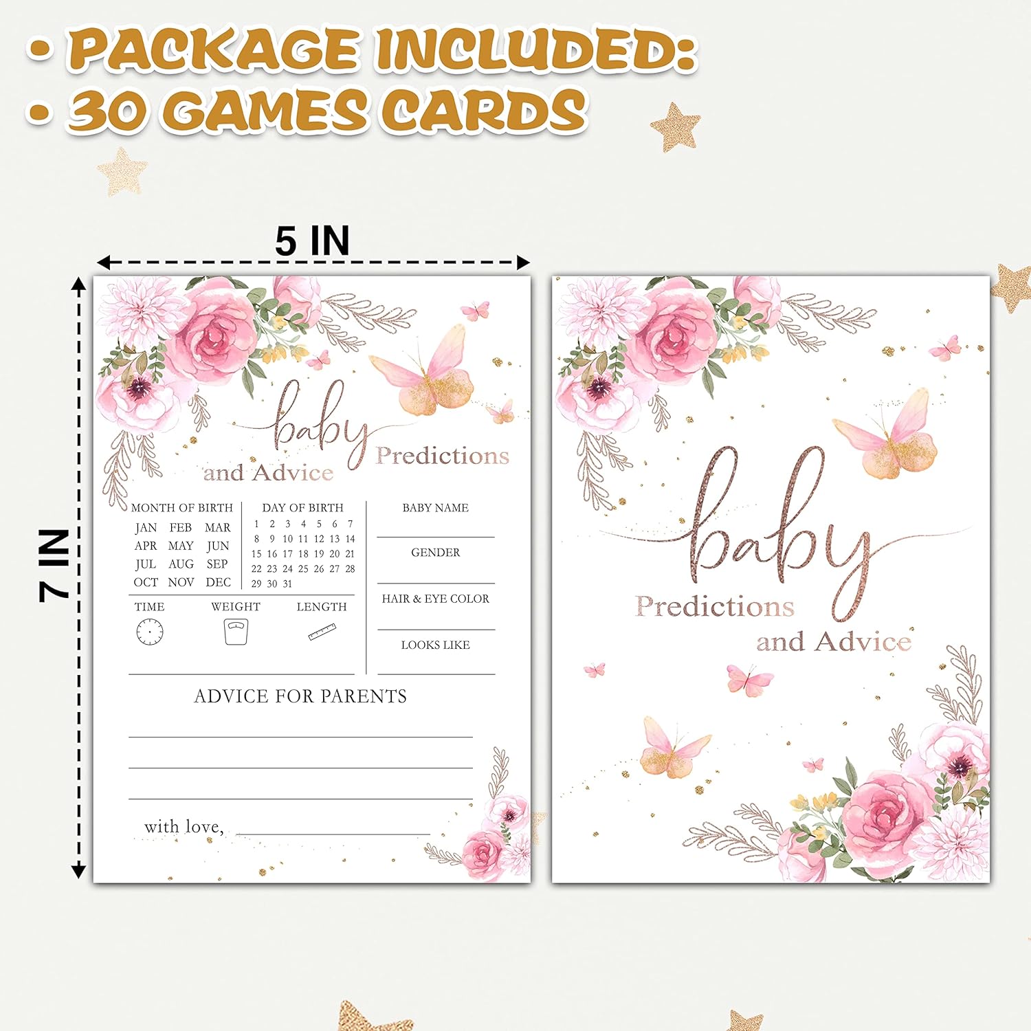 Butterfly Baby Shower Game, Baby Predictions And Advice Cards Party Game, Blush Pink Floral Theme Gender Reveal Party Games, Baby Shower Party Activities & Decorations -30 Game Cards(01)