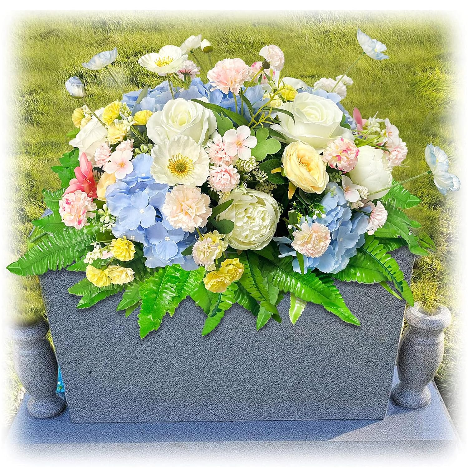 Artificial Cemetery Flowers For Grave Blue White Headstone Flower Saddle Outdoor Sympathy Memorial Rose Flowers Saddle For Gavesite