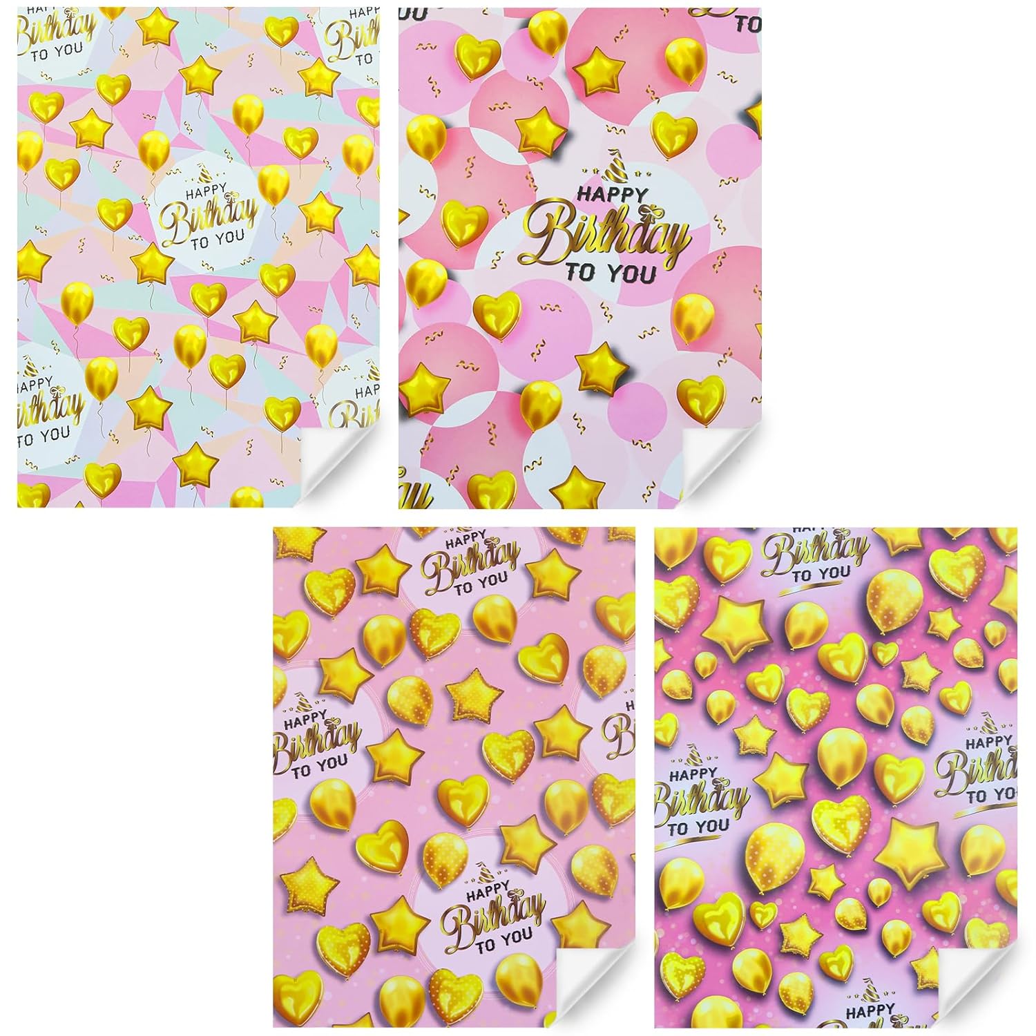 Happy Birthday Wrapping Paper 4 Sheets Pink Gold Gift Wrapping Paper Golden Star Love Heart Balloon Gift Wrap Paper For Mom Dad Birthday Kids Girls Boys Men Women Gift Wrap Paper,28 * 20 Inch