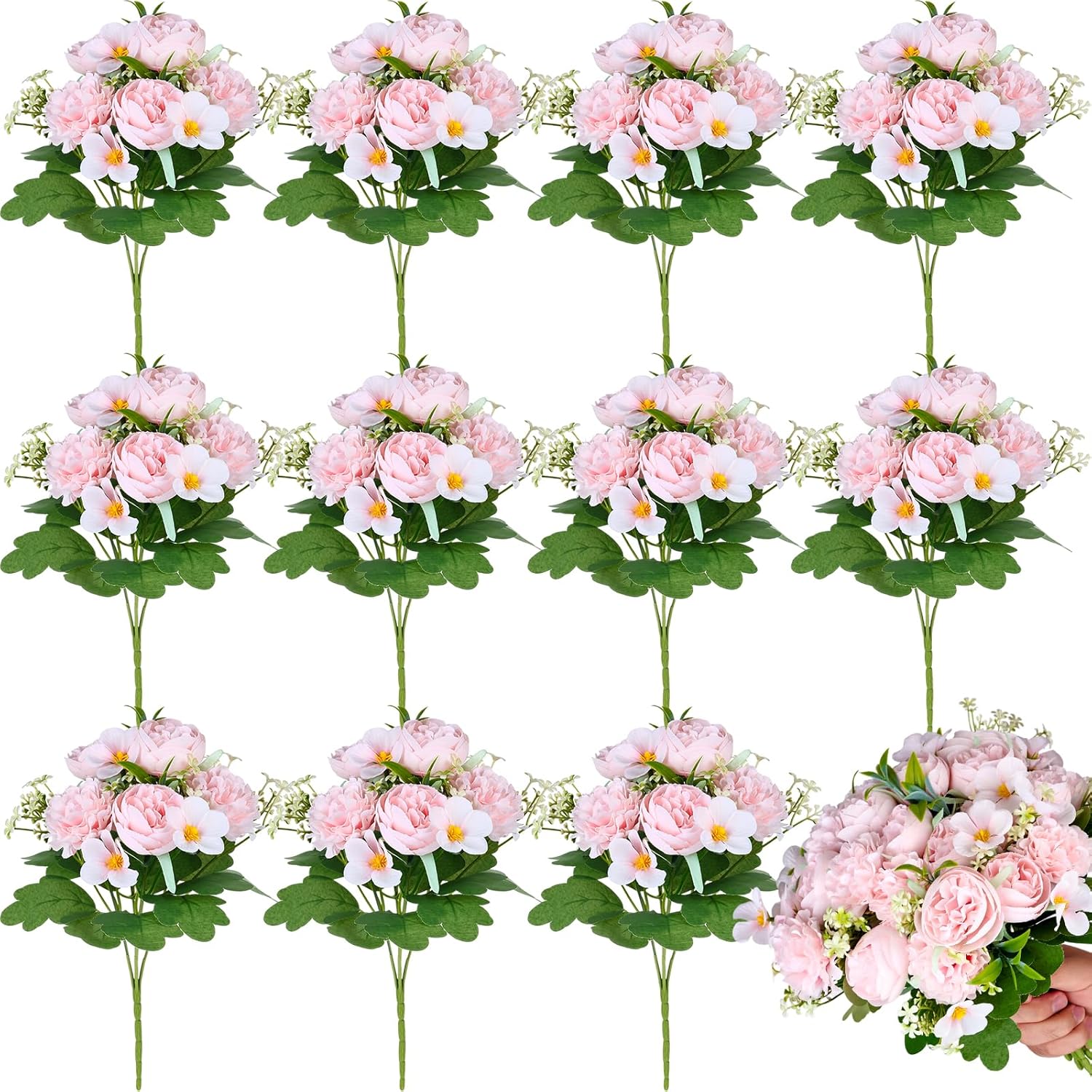 12 Bundles Peonies Artificial Flowers Fake Hydrangea Silk Peony Bouquet Bulk For Vase Floral Arrangements Wedding Arch Decor Centerpiece Table Decorations (Light Pink)