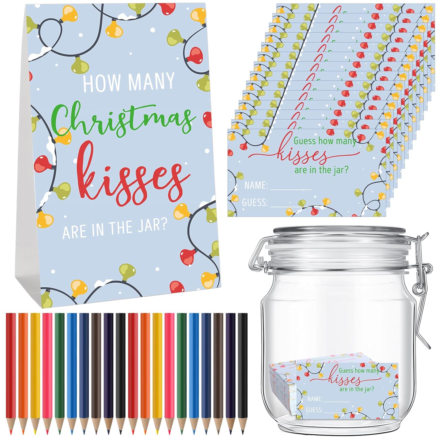 Christmas Guess How Many Kisses Games Include 1 How Many Kisses Standing Sign 100 Guessing Cards 20 Coloring Pencil 1 Candy Jar Christmas Charades Games For Family Baby Shower Holiday Party