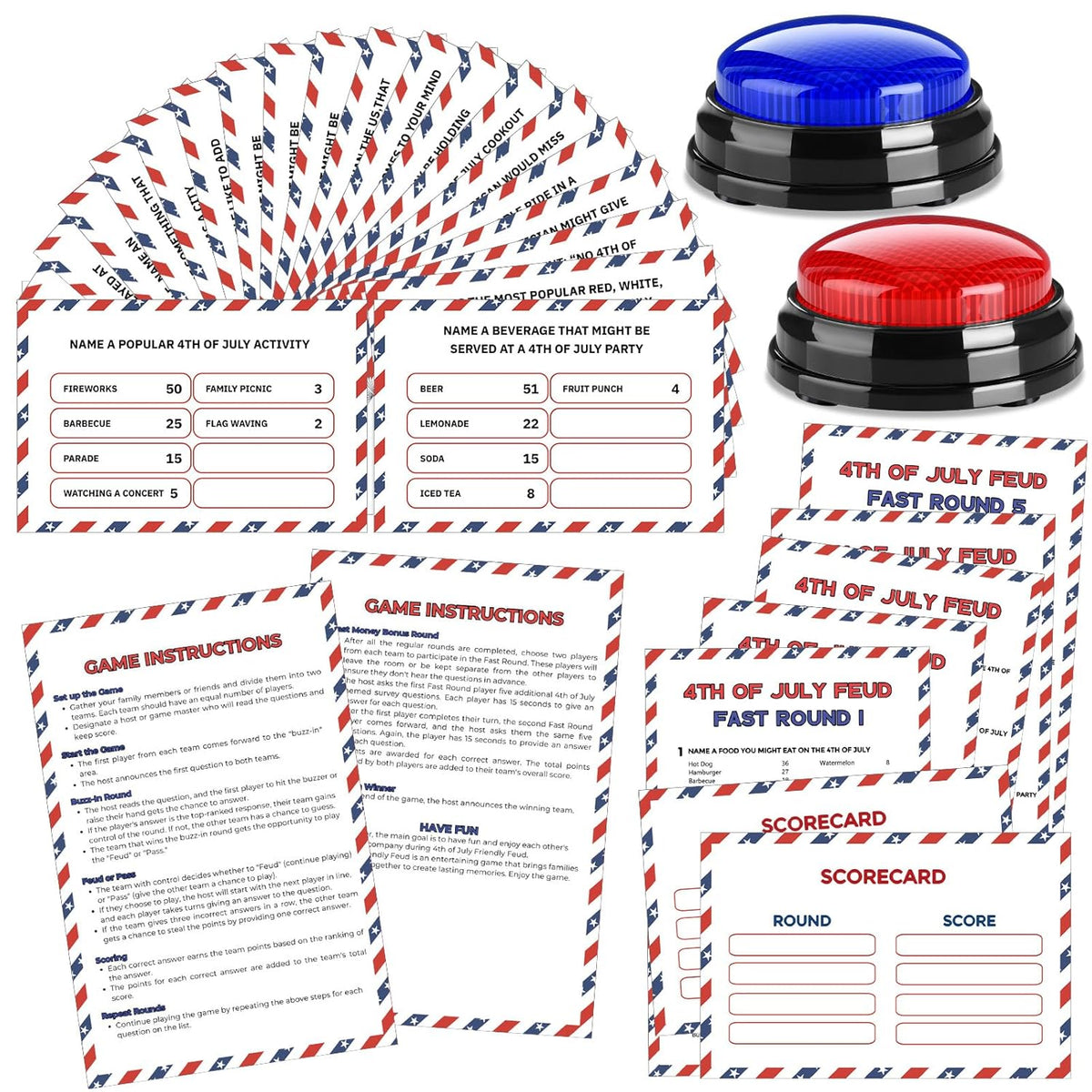 4Th Of July Friendly Feud Game With 2 Answer Buzzers, Independence Day Feud Cards For Family Game Night Fun Trivia Quiz For Party Office Class Groups Team Building (Red White Blue, Patriotic)