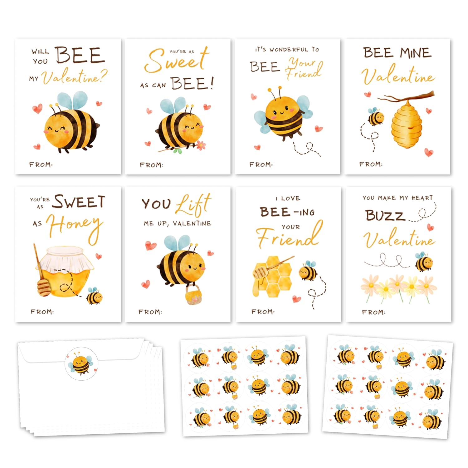 Bee Valentines Day Cards Gifts For Kids School, 24 Pack Bee Valentine Classroom Exchange Cards For Boys Girls