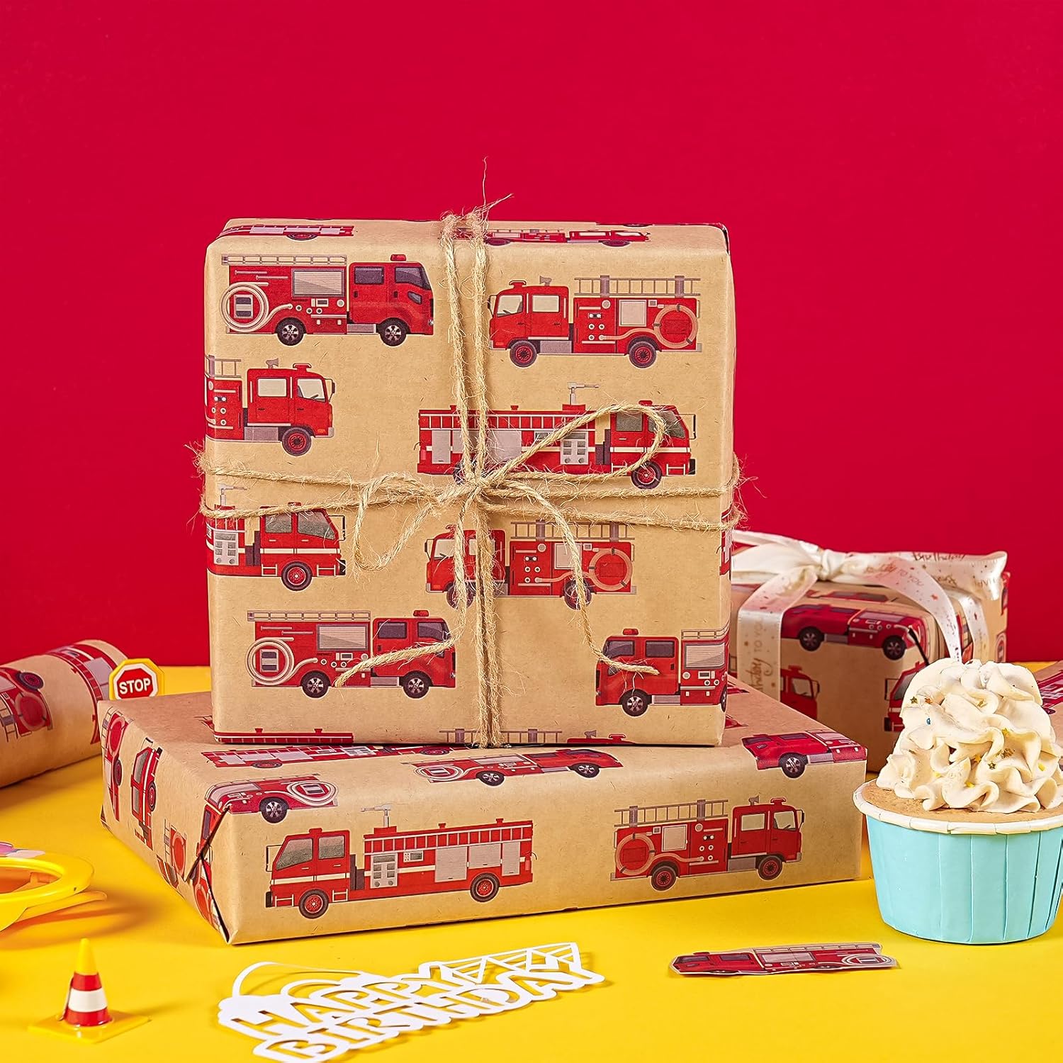 Kraft Fire Truck Wrapping Paper Roll - Mini Roll - 17 Inch X 16.5 Feet - Red Fire Engine Car Wrapping Paper, Perfect For Kids Boys Birthday, Baby Shower