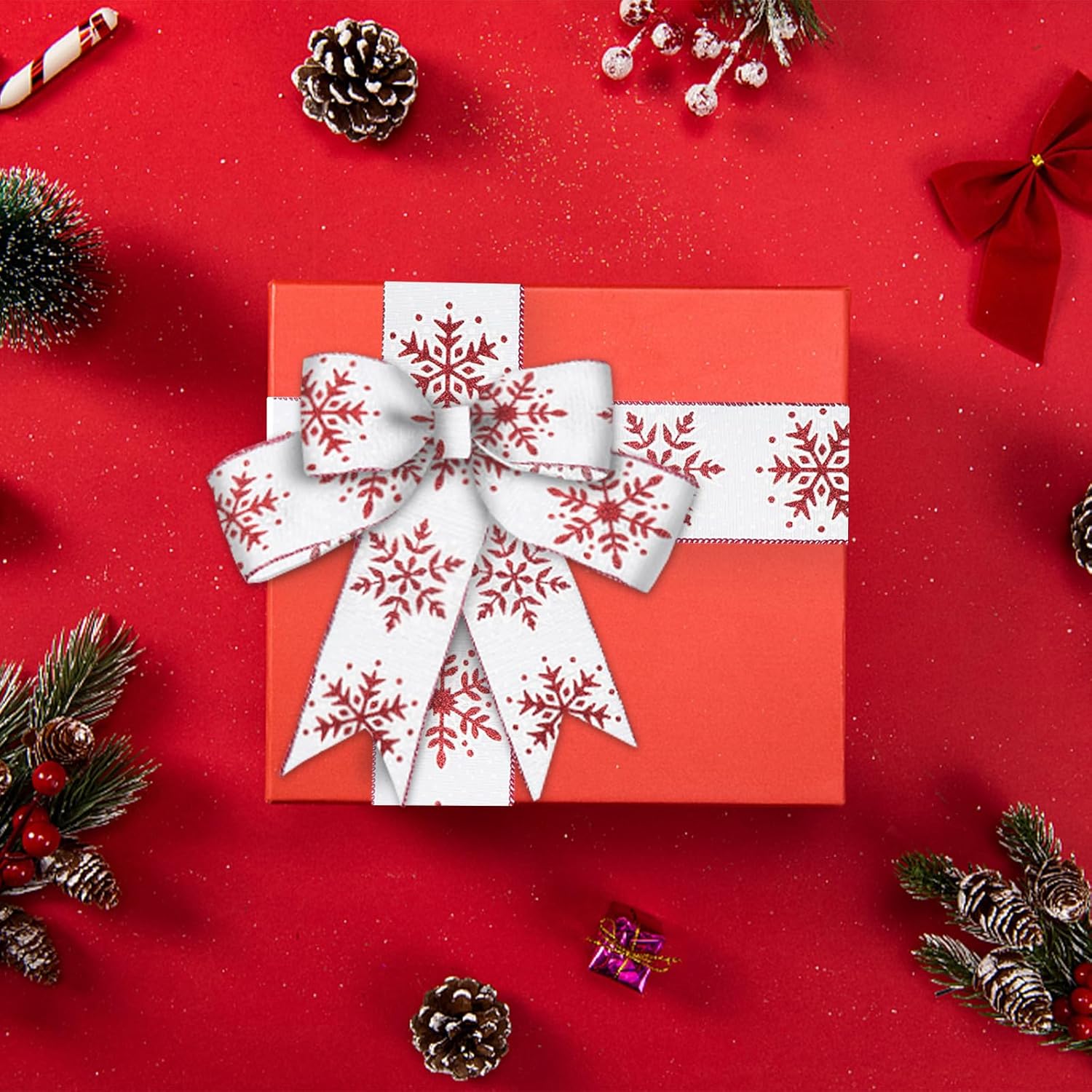 2 Rolls 2.5" 5 Yd Merry Christmas Ribbon Snowflake Wired Ribbon Glitter Gold Red White For Wreath Diy Crafting Gifts Wrapping Party Decoration