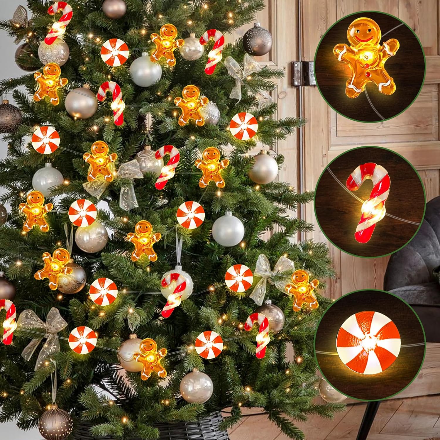 Christmas Gingerbread Decorations, 16Ft 40Led Candy Cane Christmas Fairy Lights Battery Operated, Xmas Gingerbread Man S