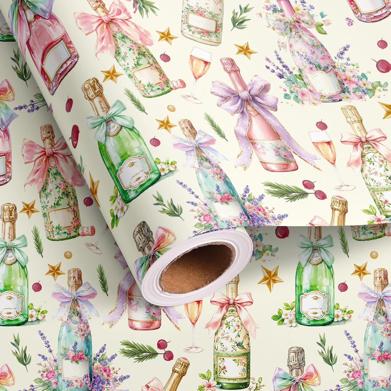 Champagne Wrapping Paper Roll For Kids Girl Women Men - Happy New Year Gift Wrap For Birthday New Year Celebration Supplies Total 28.5Sq.Ft