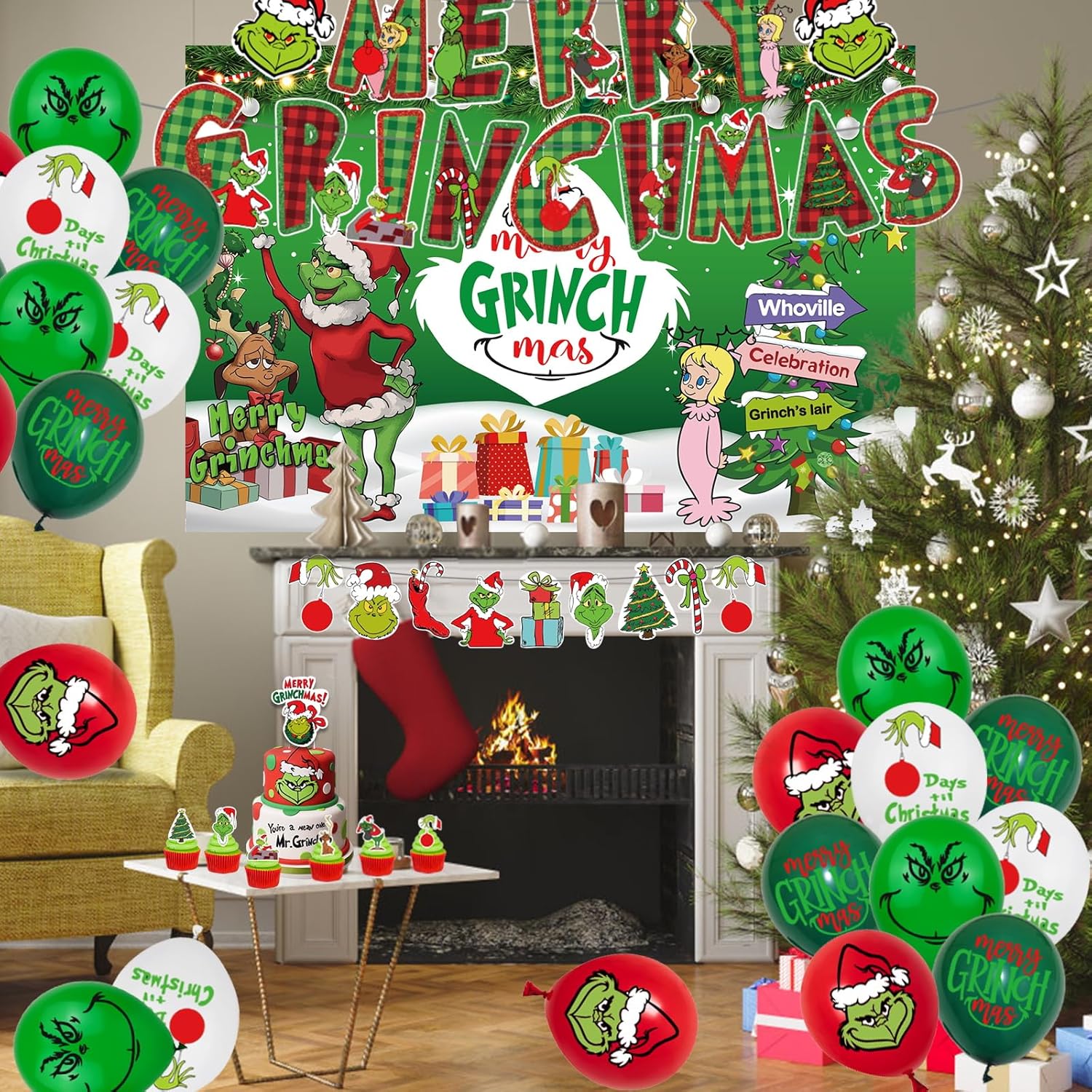 102 Pc Christmas Party Decorations Set - Includes Merry Christmas Banner, Backdrop, Cake Topper, Balloons, Stickers For Kids & Adults