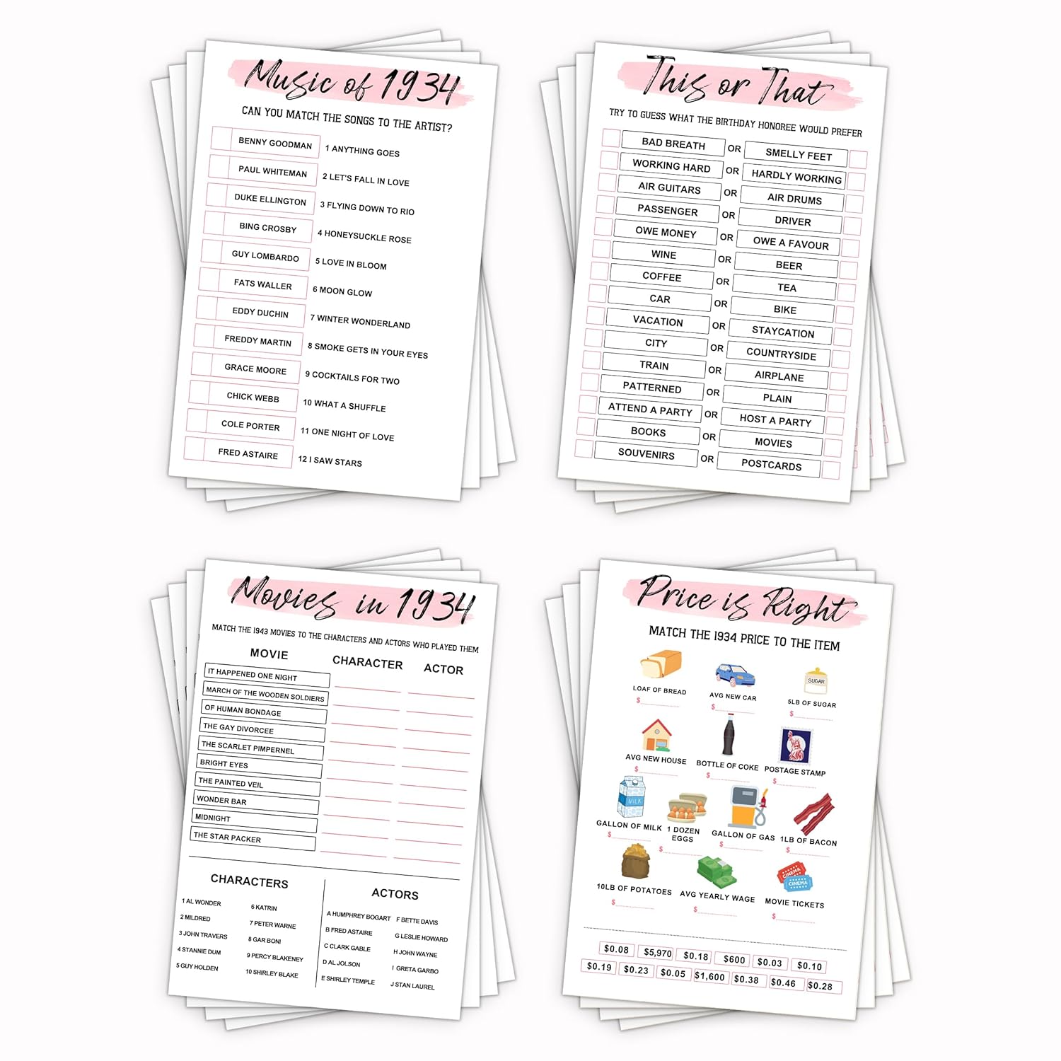 90Th Birthday Party Games Set Of 4 Games For 20 Guests 1934 Birthday Party Games Back In 1934 Games Double Sided Cards Bundle Birthday Party Supplies For Adults Pack Of 40 Cards