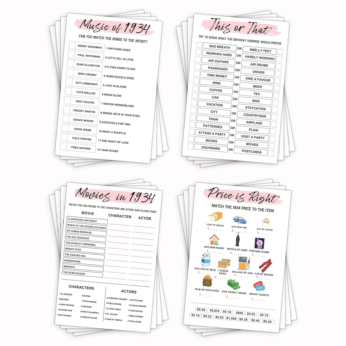 90Th Birthday Party Games Set Of 4 Games For 20 Guests 1934 Birthday Party Games Back In 1934 Games Double Sided Cards Bundle Birthday Party Supplies For Adults Pack Of 40 Cards