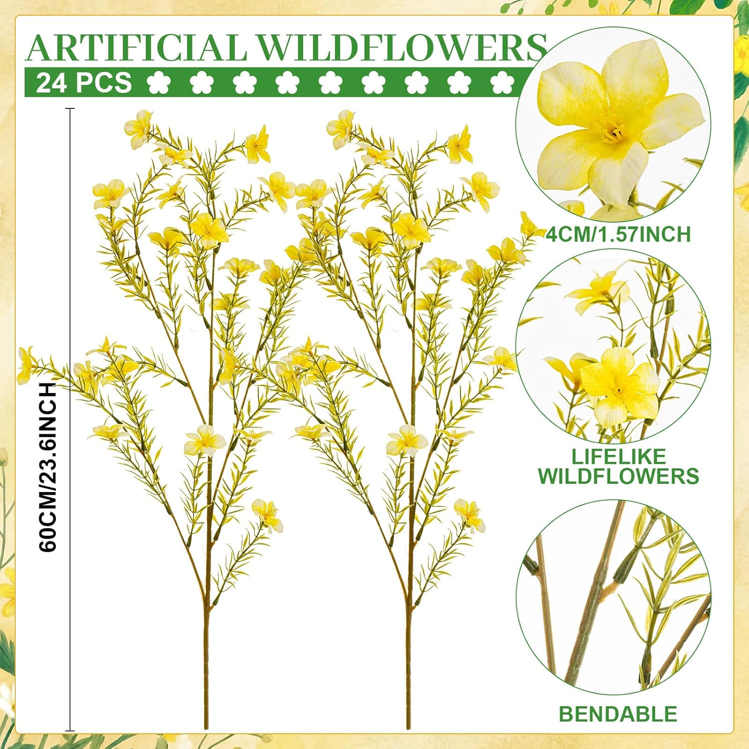 24 Bundles Artificial Wildflowers With Stems 23.6 Inch Silk Spring Floral Picks Fake Forsythia Branches Diy Wildflower Arrangements For Home Indoor Outdoor Wedding Centerpieces(Yellow)