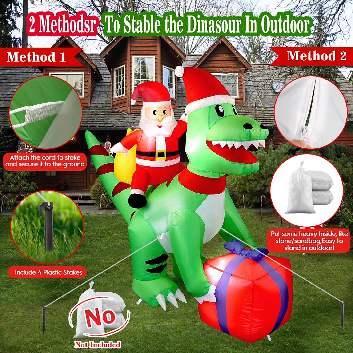 5Ft Christmas Inflatables Dinosaur Santa Claus, Indoor/Outdoor Deco, Blow Up Dinosaur Santa Decoration With Built-In Led