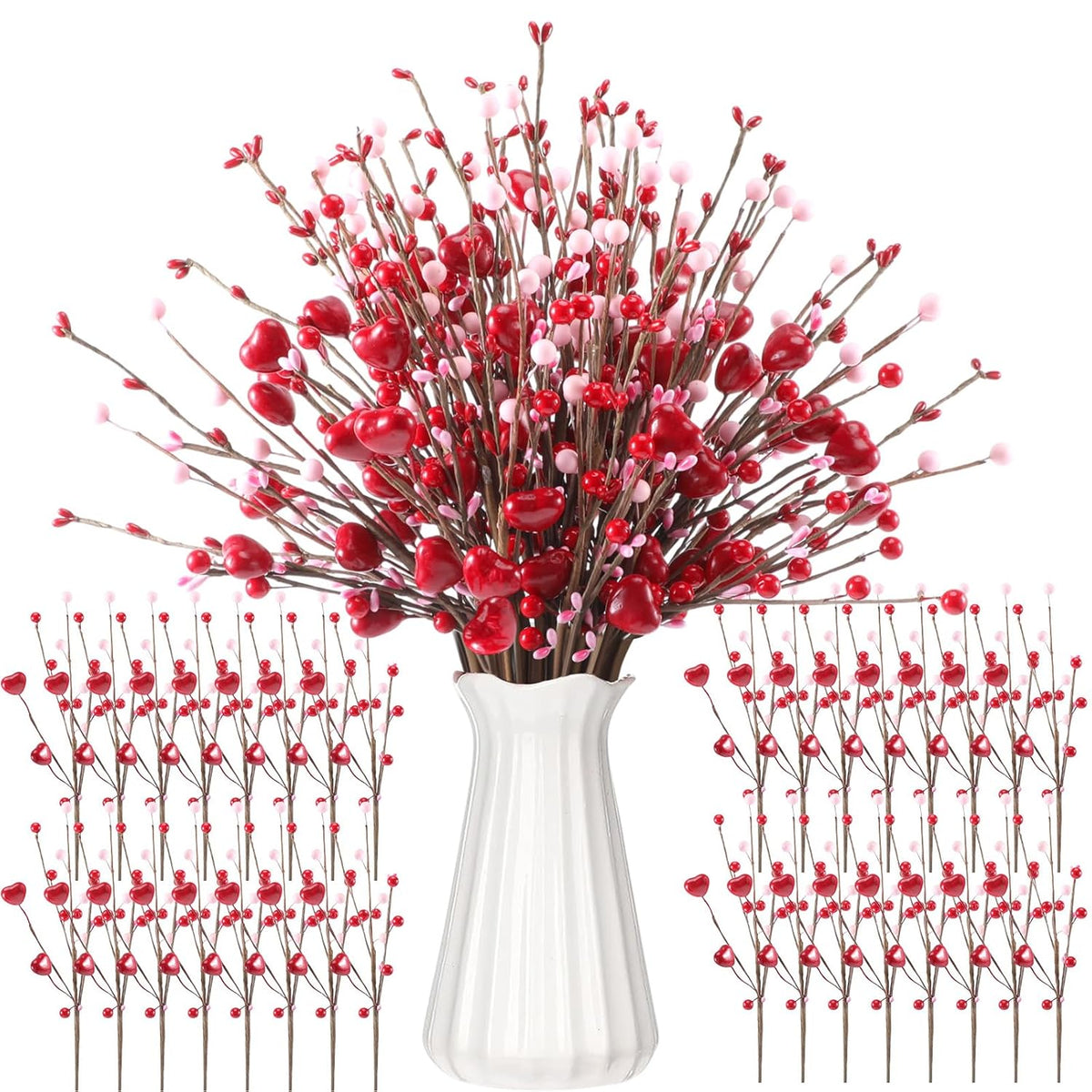 36 Pcs Valentine'S Day Decorations Valentine'S Day Berry Picks 17 Inch Artificial Red Heart Shaped Berry Picks With Red Pink Berries Floral Stems For Weddings Anniversaries Birthday Parties