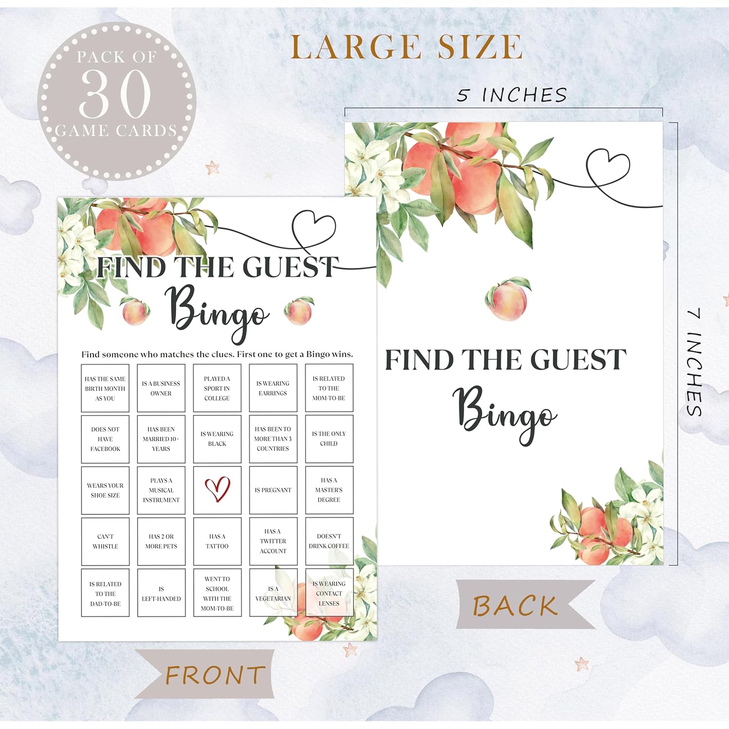 White Floral Peach Find The Guest Bingo Game, Baby Shower Games, Pack Of 30 Game Cards, Gender Neutral Boy Or Girl - Fa31