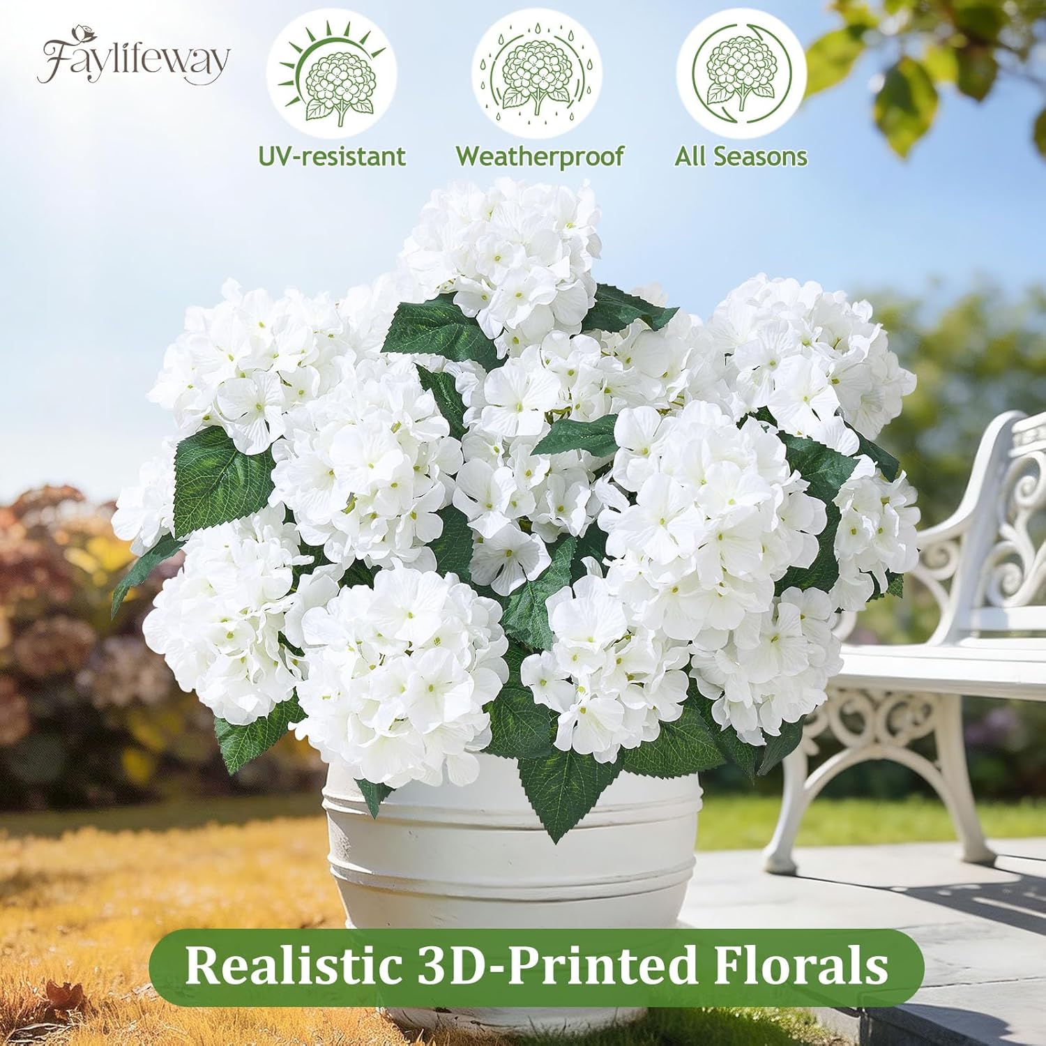 12 Heads Artificial Flowers For Outdoors, Uv Resistant Faux Hydrangea Flowers For Outdoor Planters Front Porch Garden Window Box Patio Decor ?White?