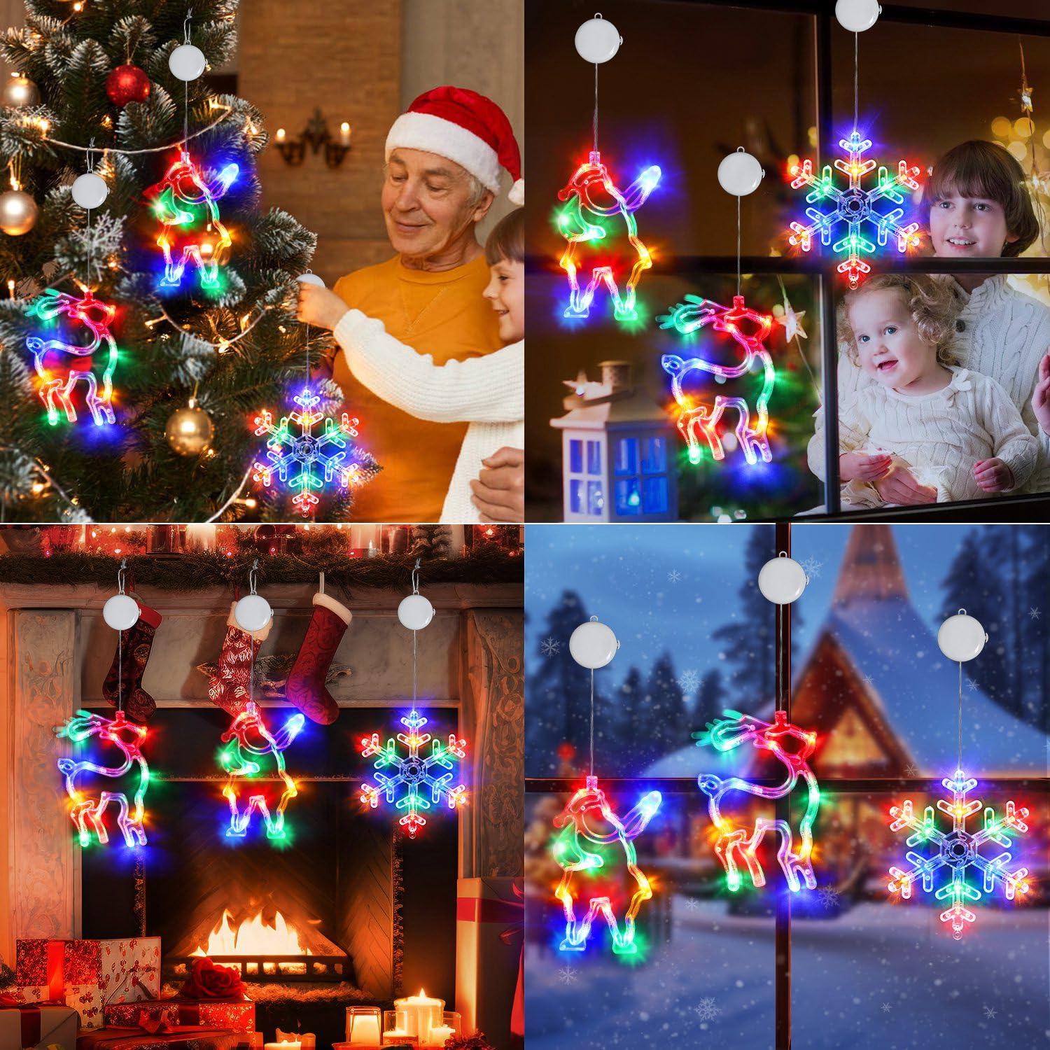 3Pcs Christmas Window Lights, Battery Powered Christmas Window Hanging Decorations Reindeer & Christmas Tree & Snowflake