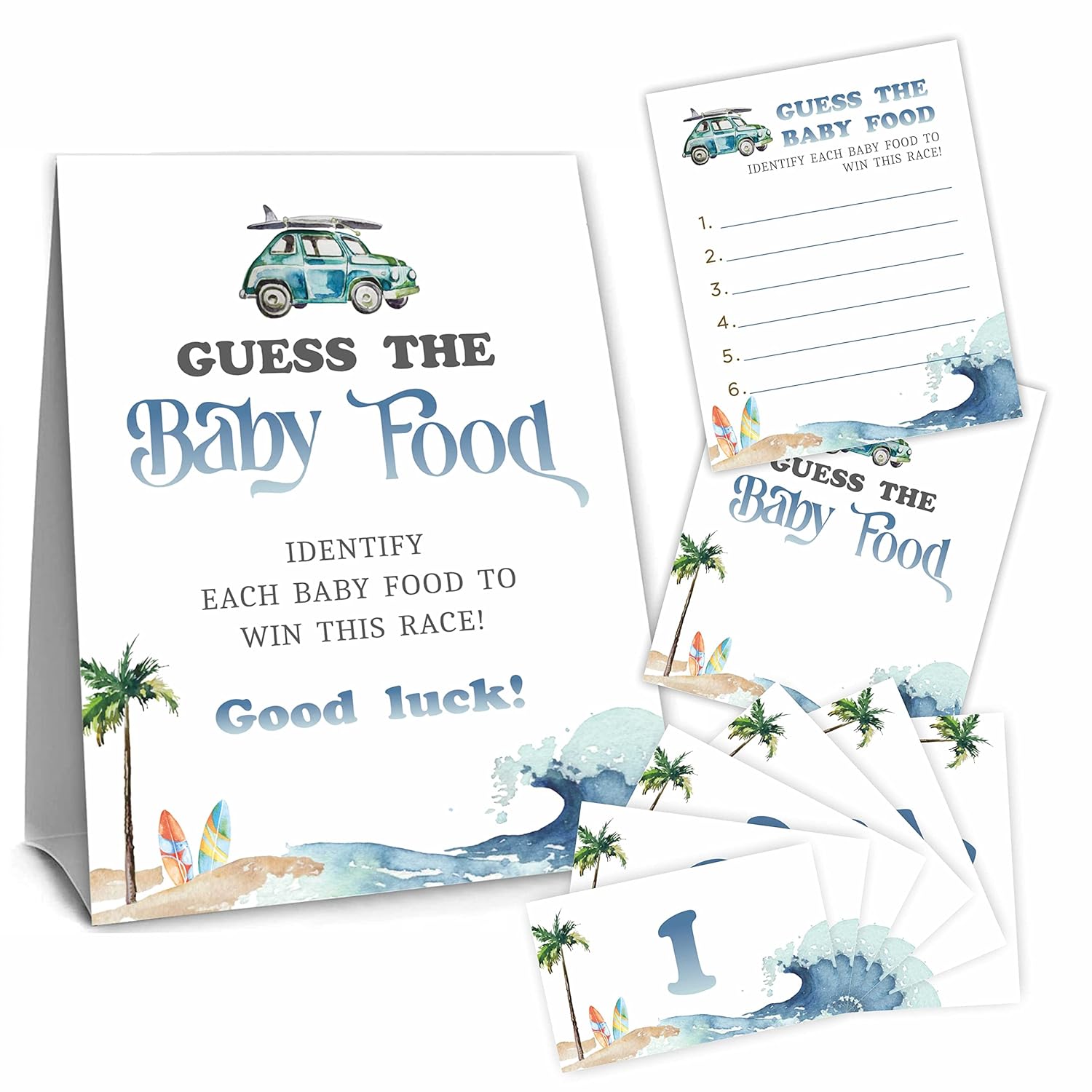 Baby On Board Guess The Baby Food Party Game, Surf Beach Theme Baby Shower Game Kit,1 Standing Sign, 20 Answer Cards &6 Number Cards, Surfing Baby Shower Decorations,Party Favor And Supplies Swlk-B08