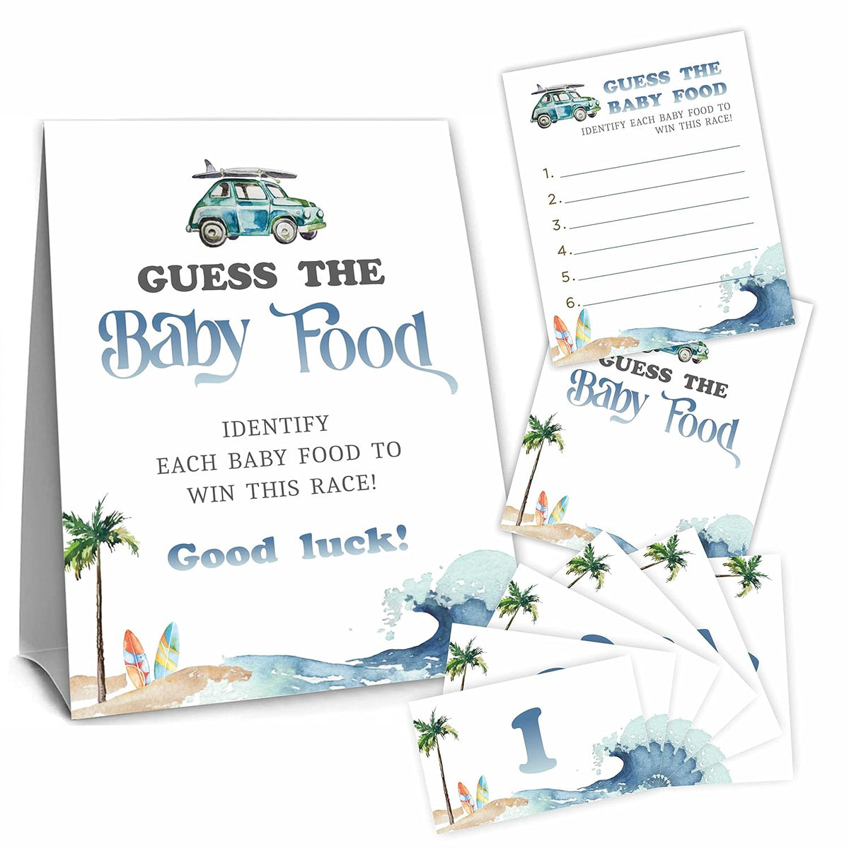 Baby On Board Guess The Baby Food Party Game, Surf Beach Theme Baby Shower Game Kit,1 Standing Sign, 20 Answer Cards &6 Number Cards, Surfing Baby Shower Decorations,Party Favor And Supplies Swlk-B08