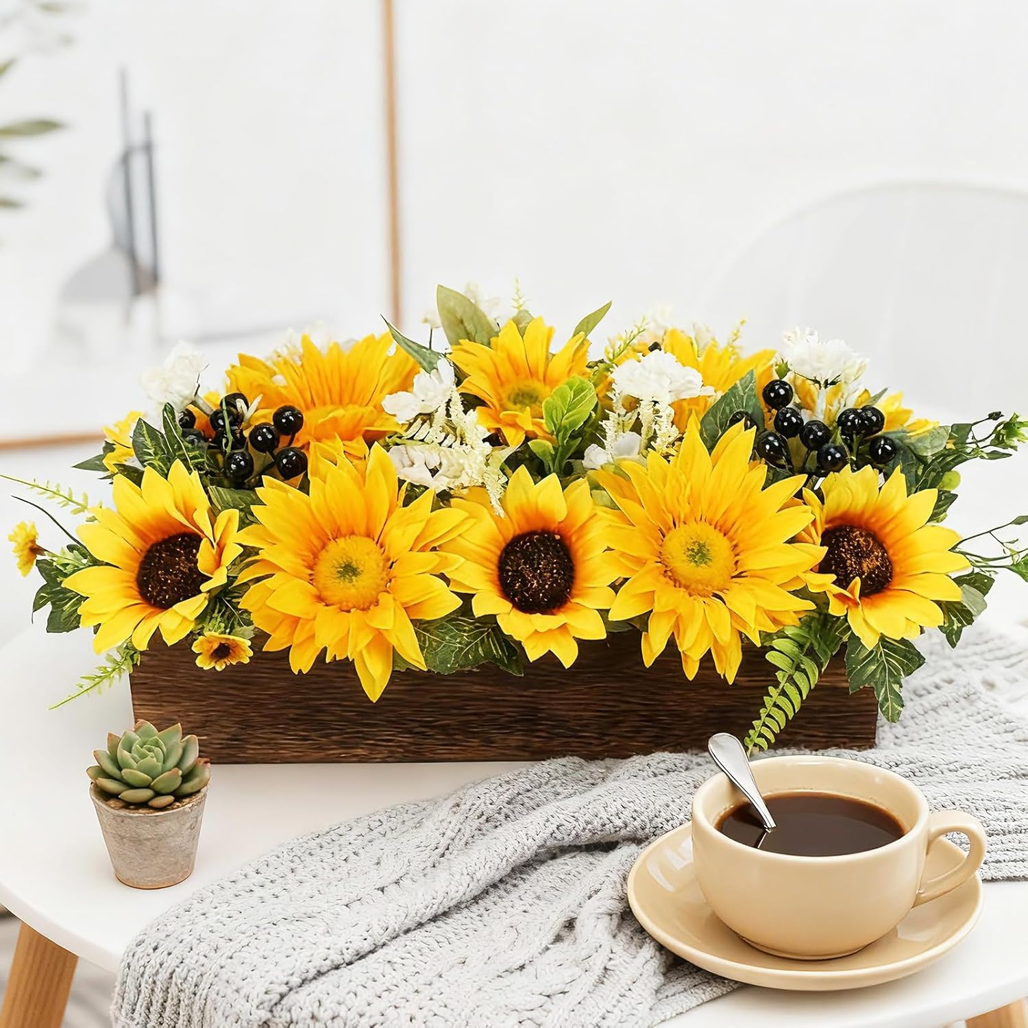 Sunflower Arrangement Centerpiece Table Decorations,Sunflowers Daisy And Berry Green Leaf Floral Artificial Flowers With Wood Tray For Dining Table Coffee Table Farmhouse Room Mantel Décor