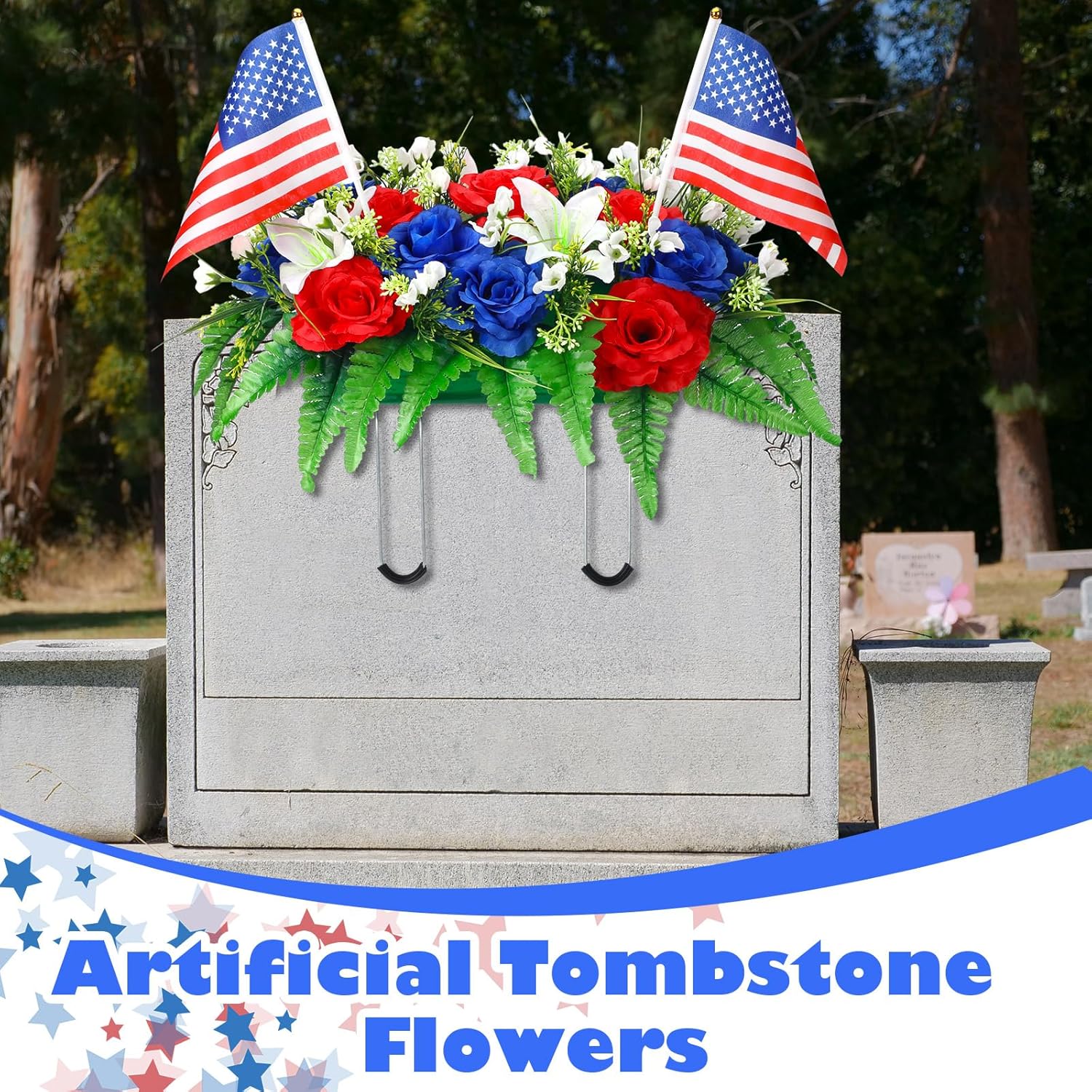 Memorial Day Headstone Flower Saddle Artificial Cemetery Grave Flowers For Veterans 4Th Of July Independence Day Patriotic Tombstone Gravestone Arrangements Outdoor Decorations
