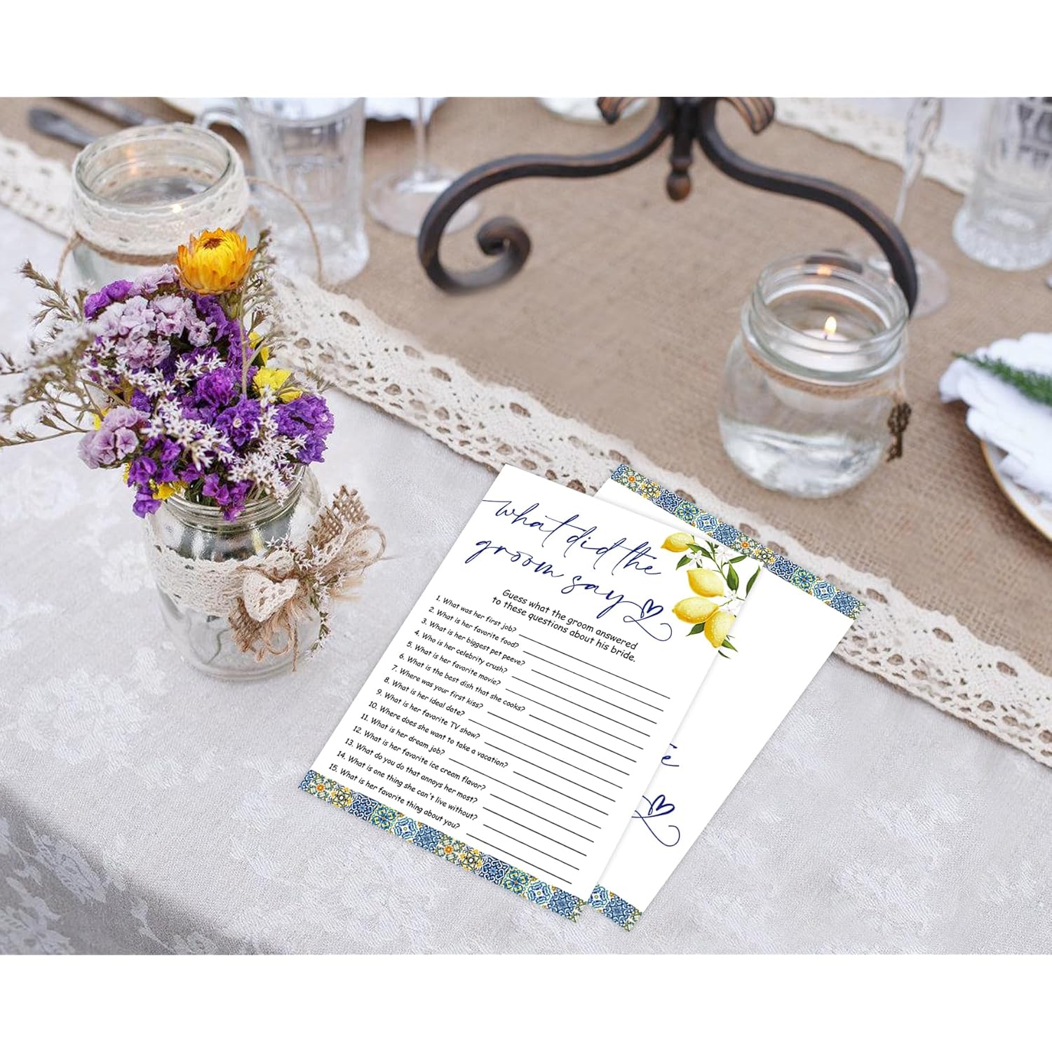 Blue Tiles And Lemons What Did The Groom Say Game For 30 Guests With Game Cards, Lemons Bridal Shower Game, Modern Bridal Shower Decorations, Wedding Shower Or Bachelorette Party Supplies - 02