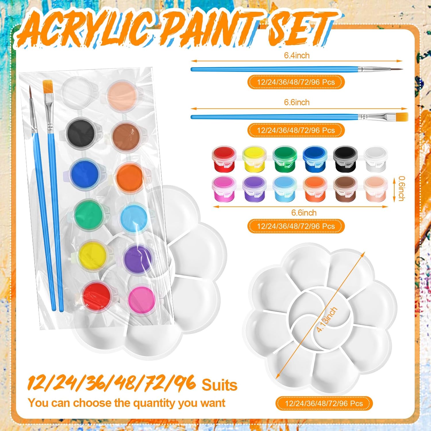 48 Set Mini Acrylic Paint Set For Kids Adults Washable Mini Painting Kit Arts Crafts Party Favors Filled Strips Brushes Palettes Bulk For Classroom Home Kit Supplies (Vivid Color)