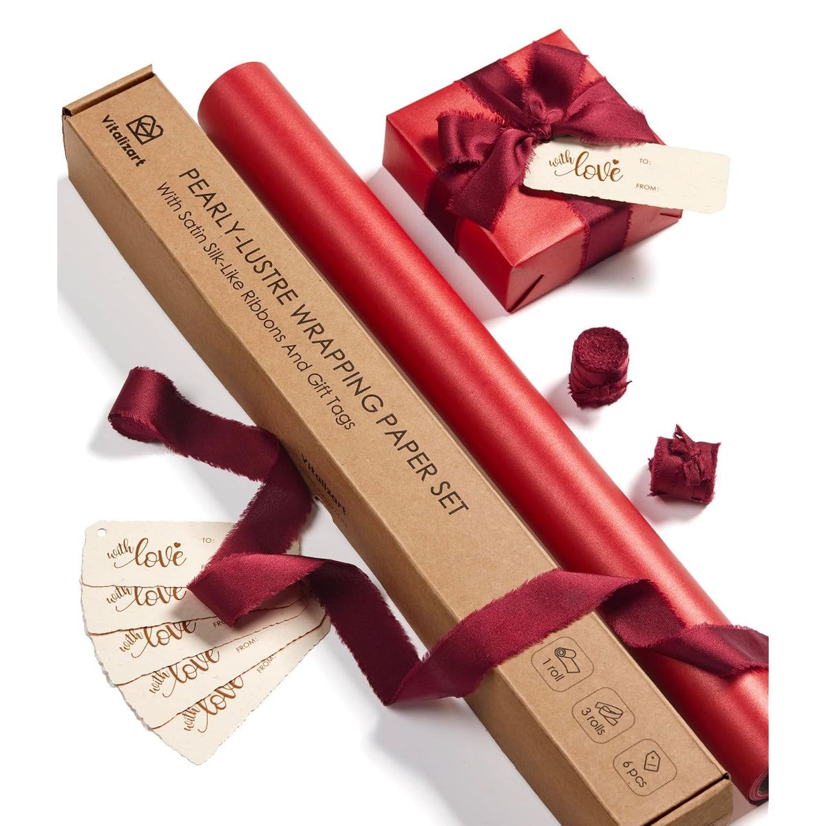 Red Wrapping Paper Set 17" Pearly-Lustre With Silk Like Satin Ribbon & Gift Tags Recyclable Christmas Gift Wrapping Birthday Baby Shower Wedding Handmade Crafts 197"(16.4 Ft)