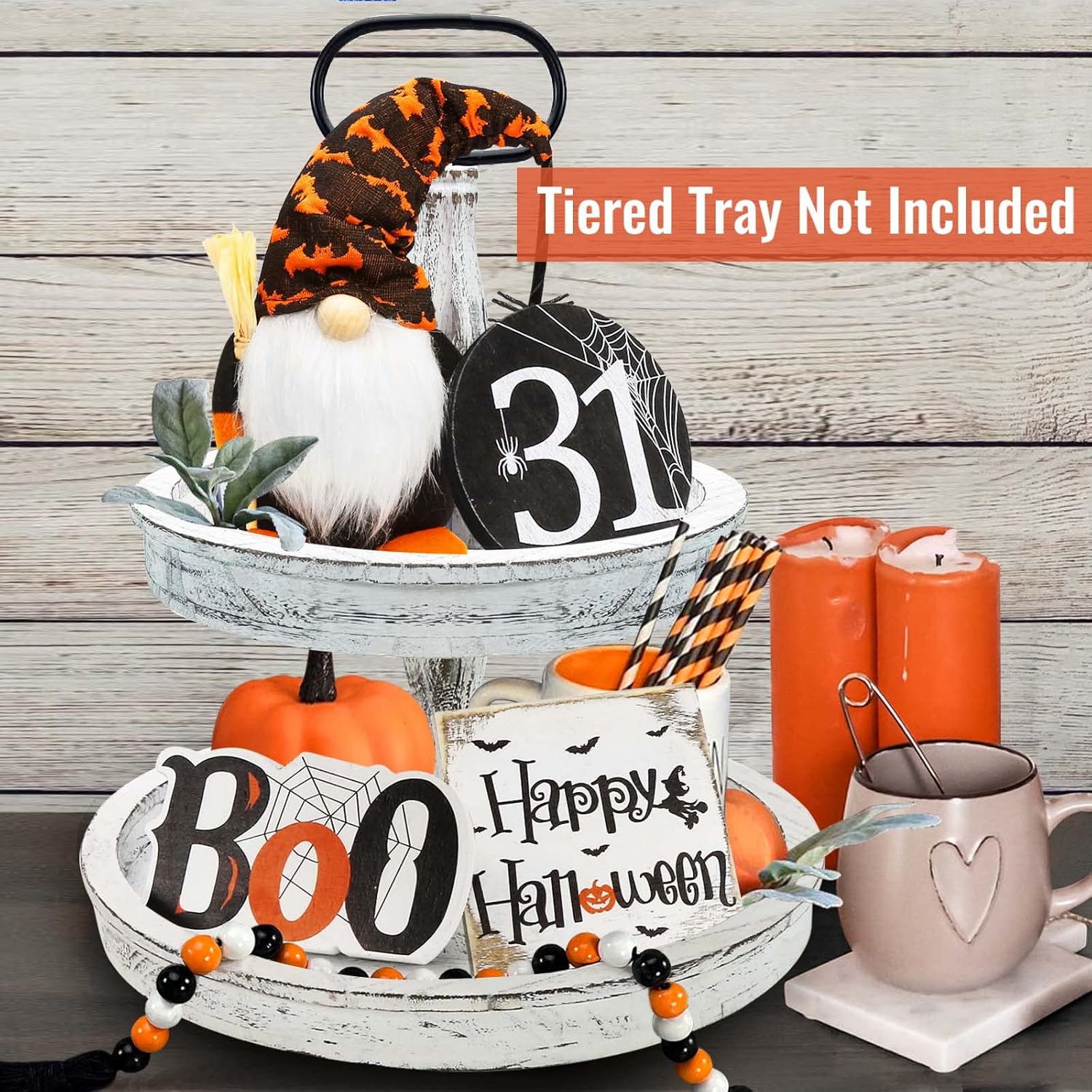 Halloween Decor - Halloween Decorations - Boo Happy Halloween Wooden Signs - Cute Gnomes Plush And Bead Garland - Farmhouse Rustic Tiered Tray Decor Items For Home Table House Room