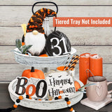 Halloween Decor - Halloween Decorations - Boo Happy Halloween Wooden Signs - Cute Gnomes Plush And Bead Garland - Farmhouse Rustic Tiered Tray Decor Items For Home Table House Room