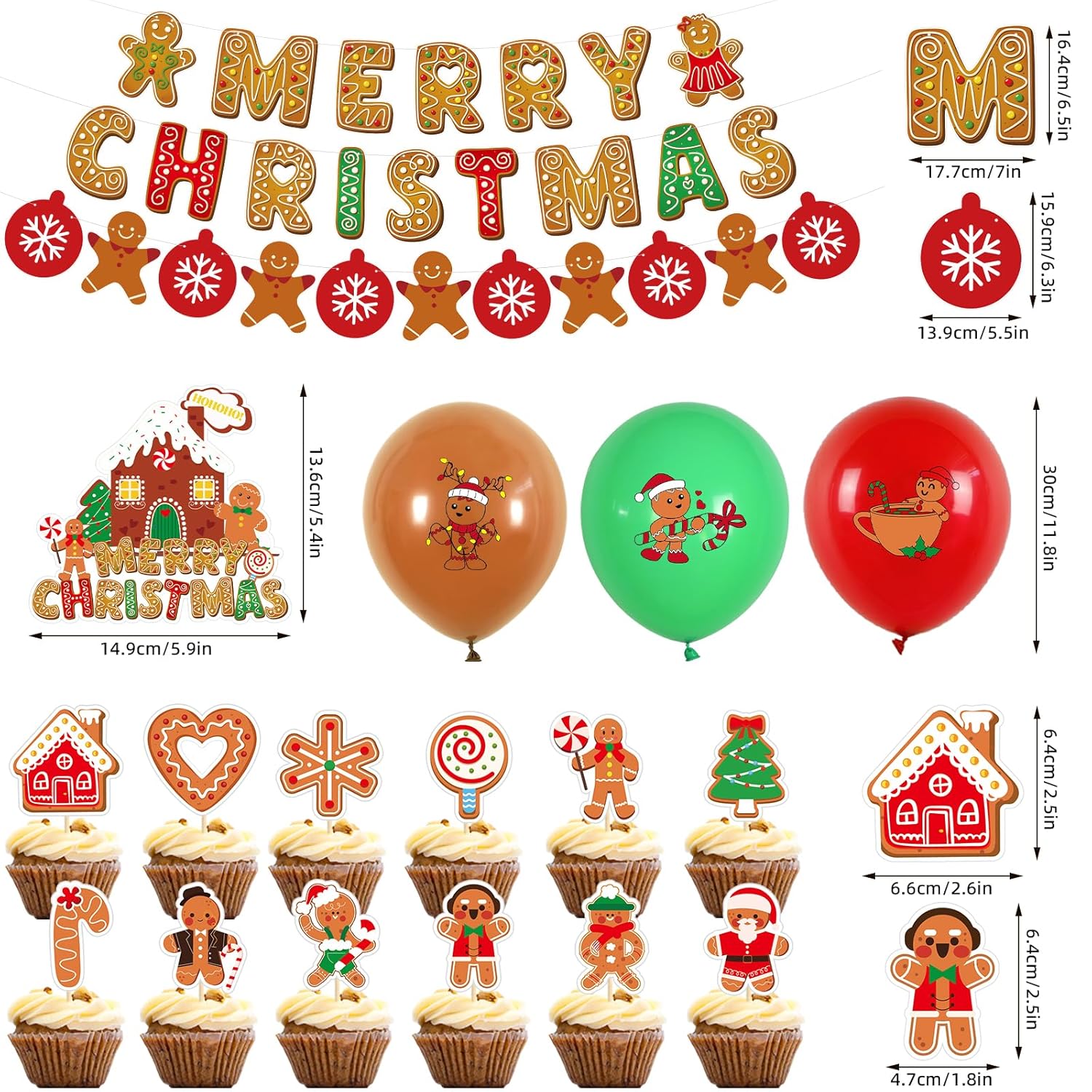 Gingerbread Man Christmas Birthday Party Decorations - Christmas Party Decorations Merry Birthday Banner Gingerbread House Cake Topper Red Green Brown Latex Balloons For Holiday Baby Shower Decor