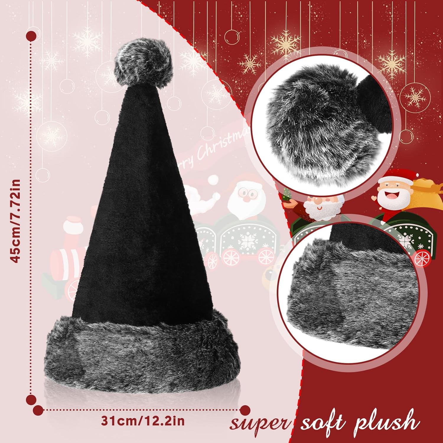 2 Pack Black Santa Hat - Soft Plush Xmas Hat For Black Christmas Theme New Year Festive Holiday Party Supplies