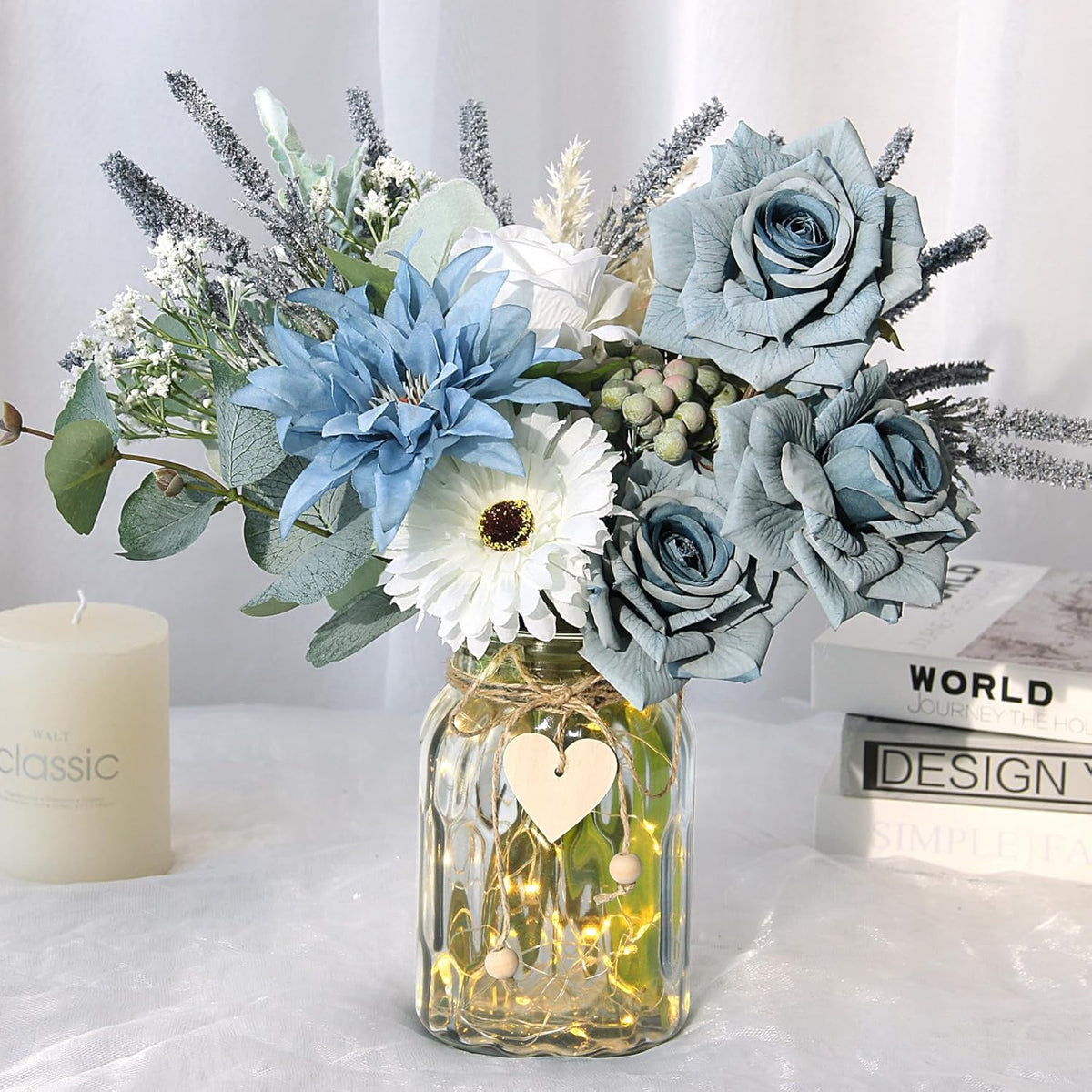 Artificial Flowers In Vase, Faux Flowers With Vase,Dusty Blue Rose Faux Dahlia Fake Peony Silk Hydrangea Eucalyptus Willow Plants Wildflowers Arrangements For Table Centerpiece Farmhouse Decor
