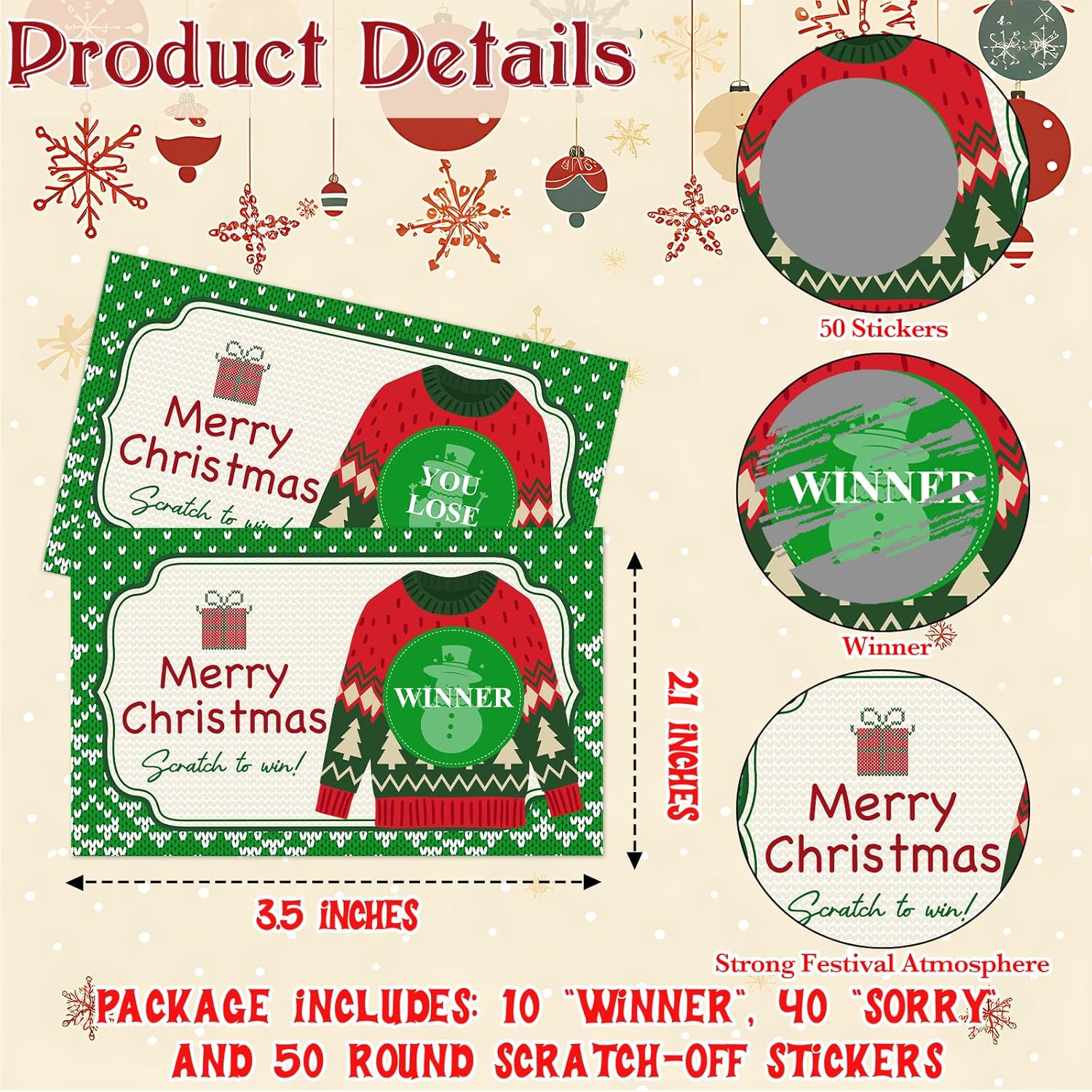 Christmas Scratch Off Cards, 50Pcs Ugly Sweater Party Scratch Off Tickets, Xmas Holiday Game Cards For Adults Family Groups Supplies Classroom Activities - C02
