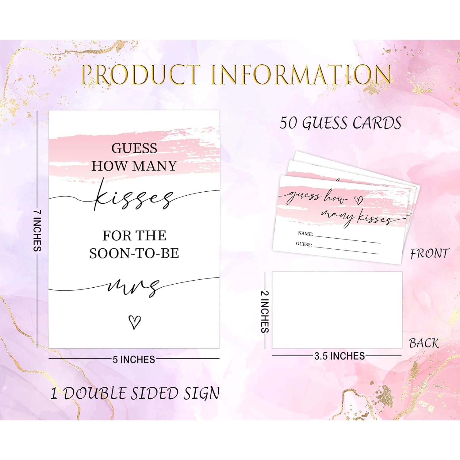 Pink Swash Bridal Shower Game, Guess How Many Kisses For The Soon To Be Mrs, Pack Of 1 Sign And 50 Guessing Cards, Modern Bridal Shower Decorations, Wedding Shower Supplies - 05