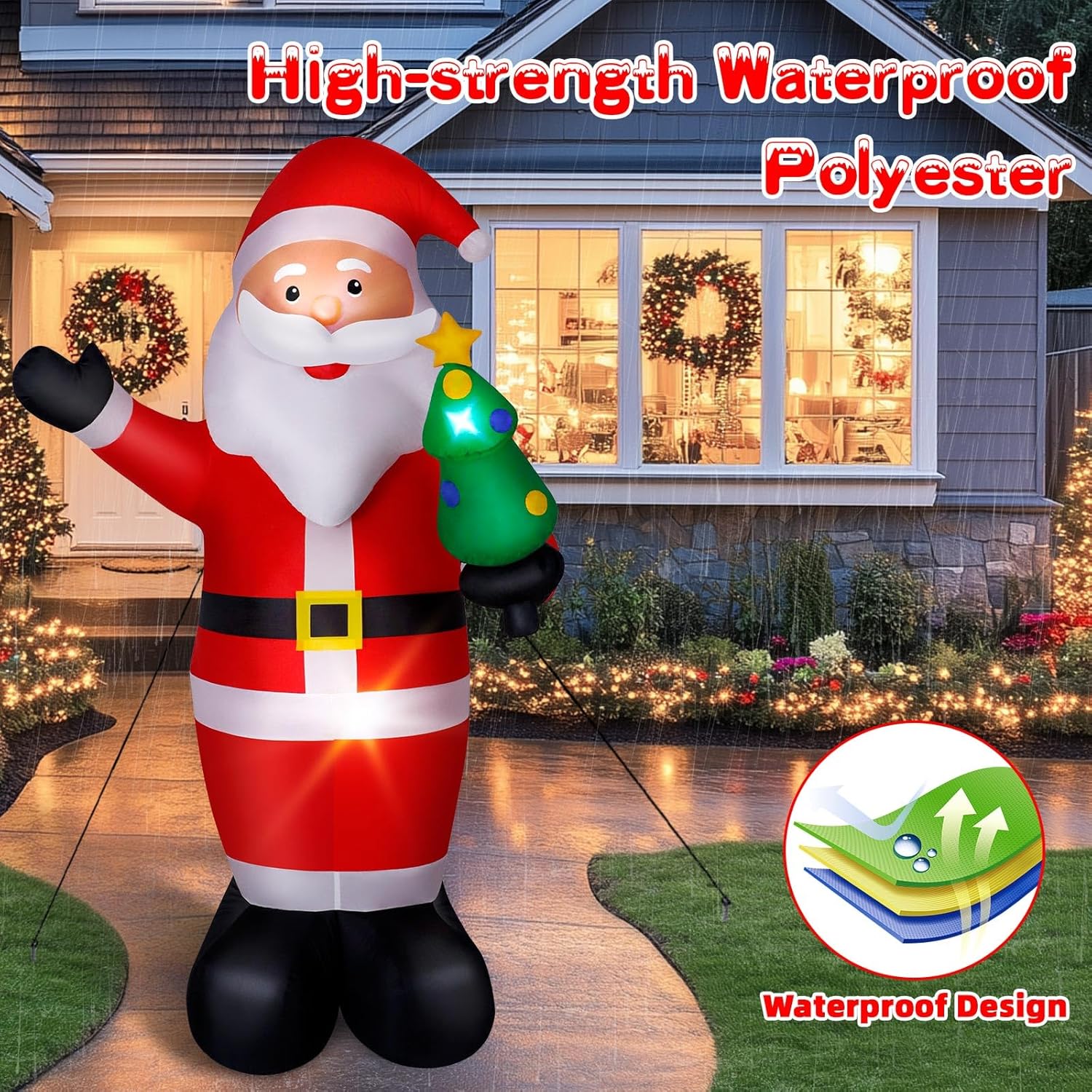 8Ft Christmas Inflatable Santa Outdoor Decoration, Blow Up Santa Claus Holding Xmas Tree Yard Decoration Built-In Led Li
