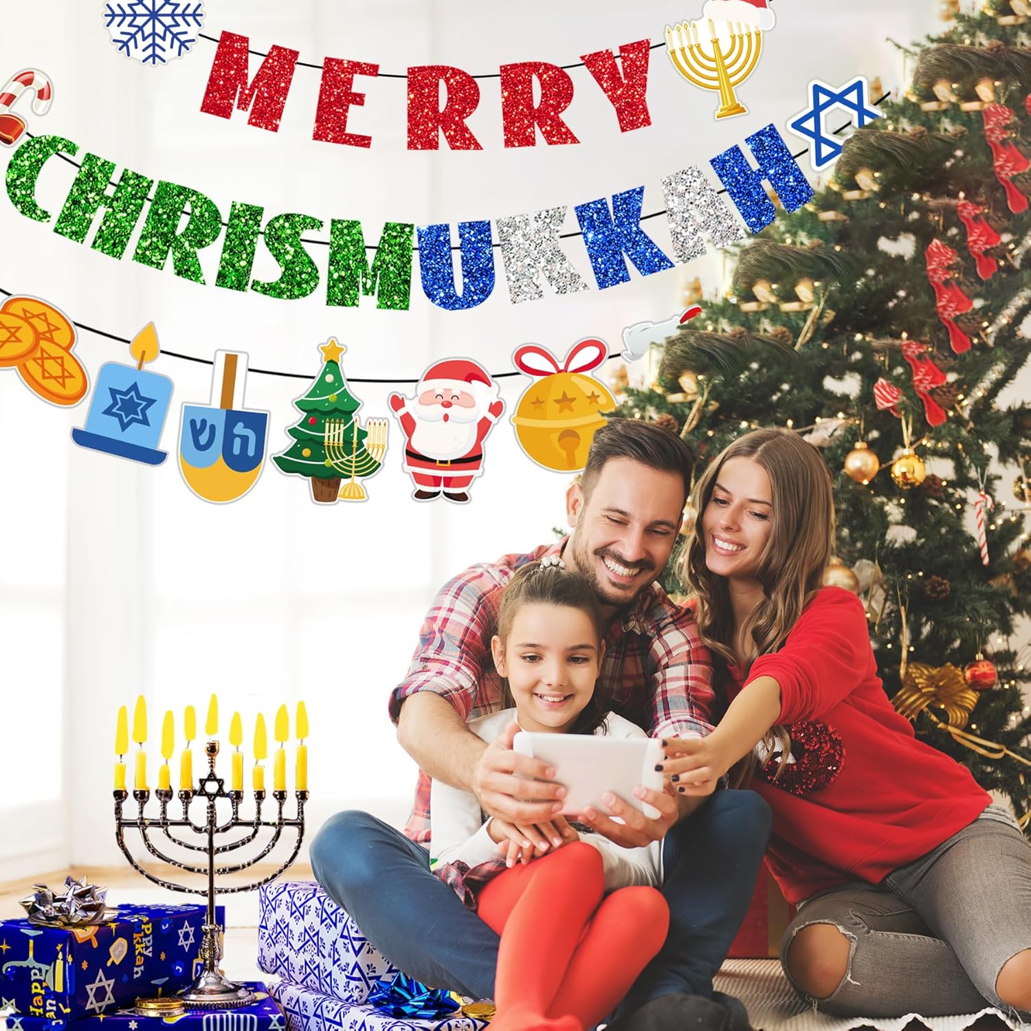Chrismukkah Decorations Pre-Strung Merry Chrismukkah Banner Hanukkah Decorations Glitter Mixed Hanukkah Christmas Garland For Xmas Party Decorations