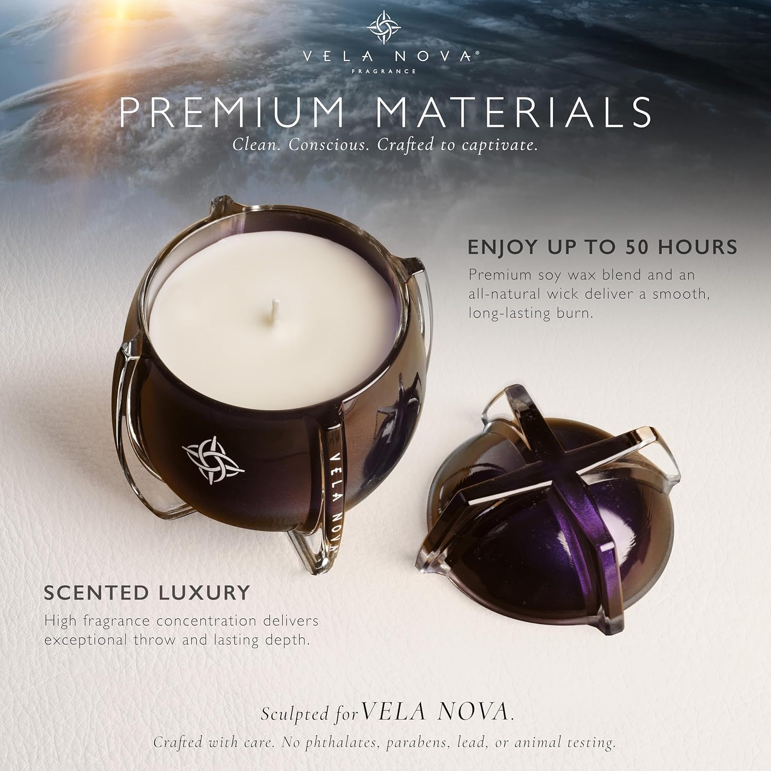 Luxury Scented Candle By – Made In America | Cosmic Horizons: A Fragrance Inspired By Celestial Discovery | Sculptural Glass Vessel With Dome Lid | Up To 50 Hours Clean Burn