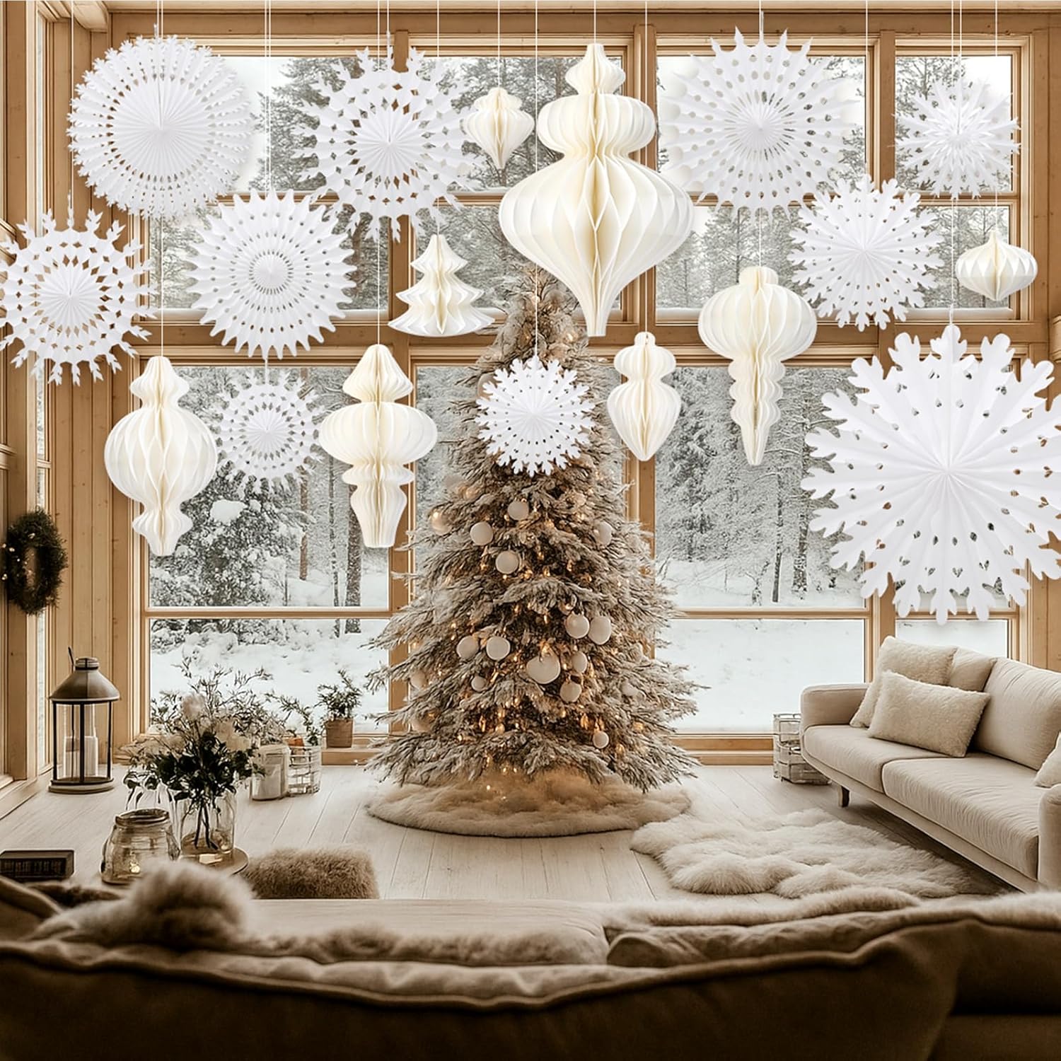16 Pcs White Paper Snowflake Fan Decorations 7.9 Inch-20 Inch 12 Pcs Jumbo Christmas Paper Honeycomb Balls 3.15 Inch-11.8 Inch White Winter Wonderland Christmas Hanging Decor For Birthday Party