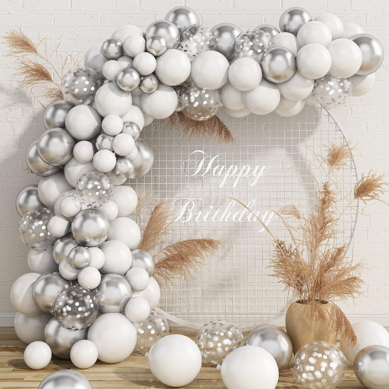 103Pcs Balloon Arch Garland Kit, White Metallic Silver Latex Balloon G