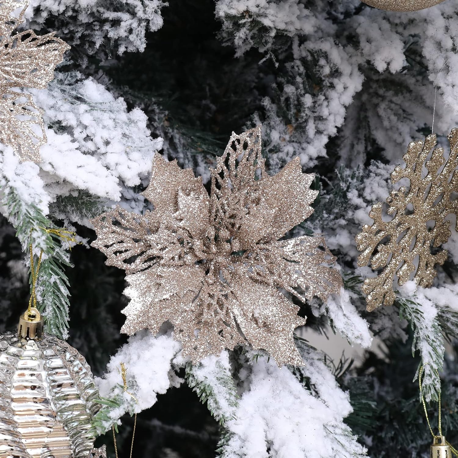 16 Pcs Glitter Poinsettia Flowers Artificial - Christmas Champagne Poinsettia Decorations Tree Flowers Ornaments For Xmas/Holiday/Seasonal/Wedding Decor