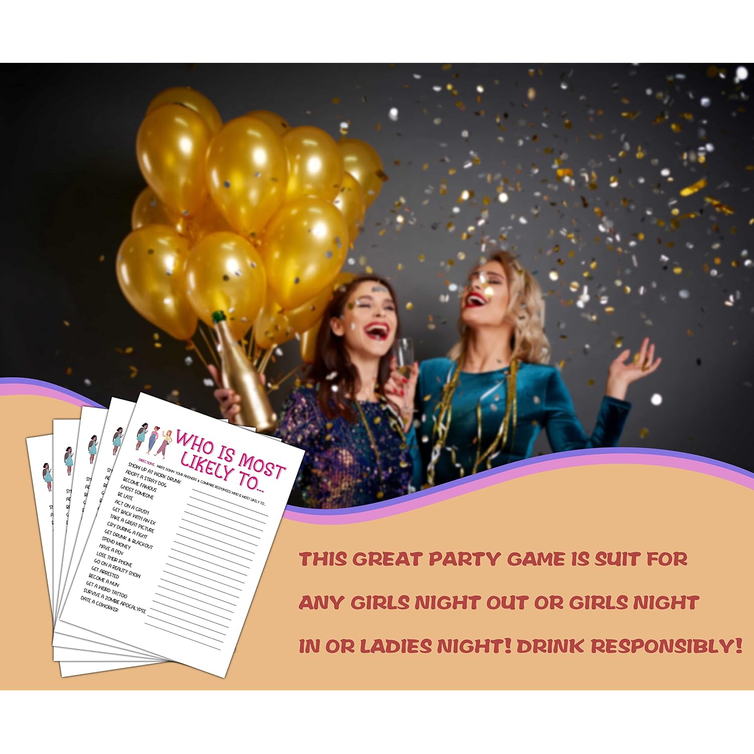 Girls Night Party Game - Ladies Night Party Games - Who I Most Likely To Game Pack - Fun Girls Night In/Girls Night On - Bridal Shower Or Bachelorette Party Game - Games For Adults - 30 Game Cards