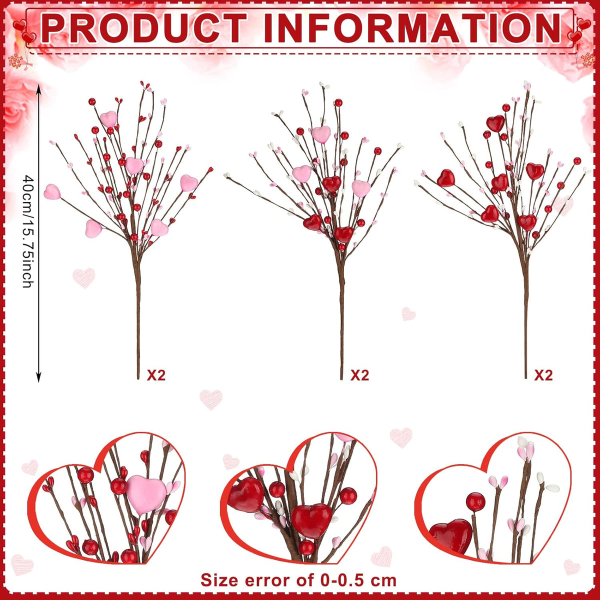 Valentine'S Day Decorations 6 Pcs Valentine'S Day Picks Gifts Heart Shaped Floral Berry Picks Centerpieces For Table Artificial Flowers Arrangement Wedding Spring Table Vase Decor(Red Pink)