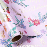 Birthday Floral & High-Heels Wrapping Paper Roll For Girls Women, Happy Birthday Text, Flower, Elegant High-Heeled Shoes, Metallic Foil Gift Wrap, Cut Lines, 17 Inches X 16.4 Feet