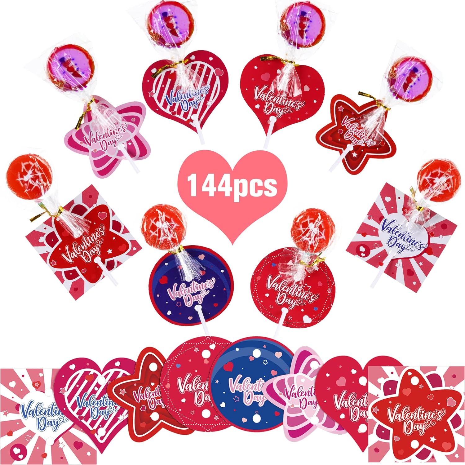144 Pcs Valentine‘S Day Cards Valentines Candy Holder Lollipop Holders Heart Greeting Paper Cards For Gift Kids School Classroom Party Favors Exchange Treat, 8 Styles